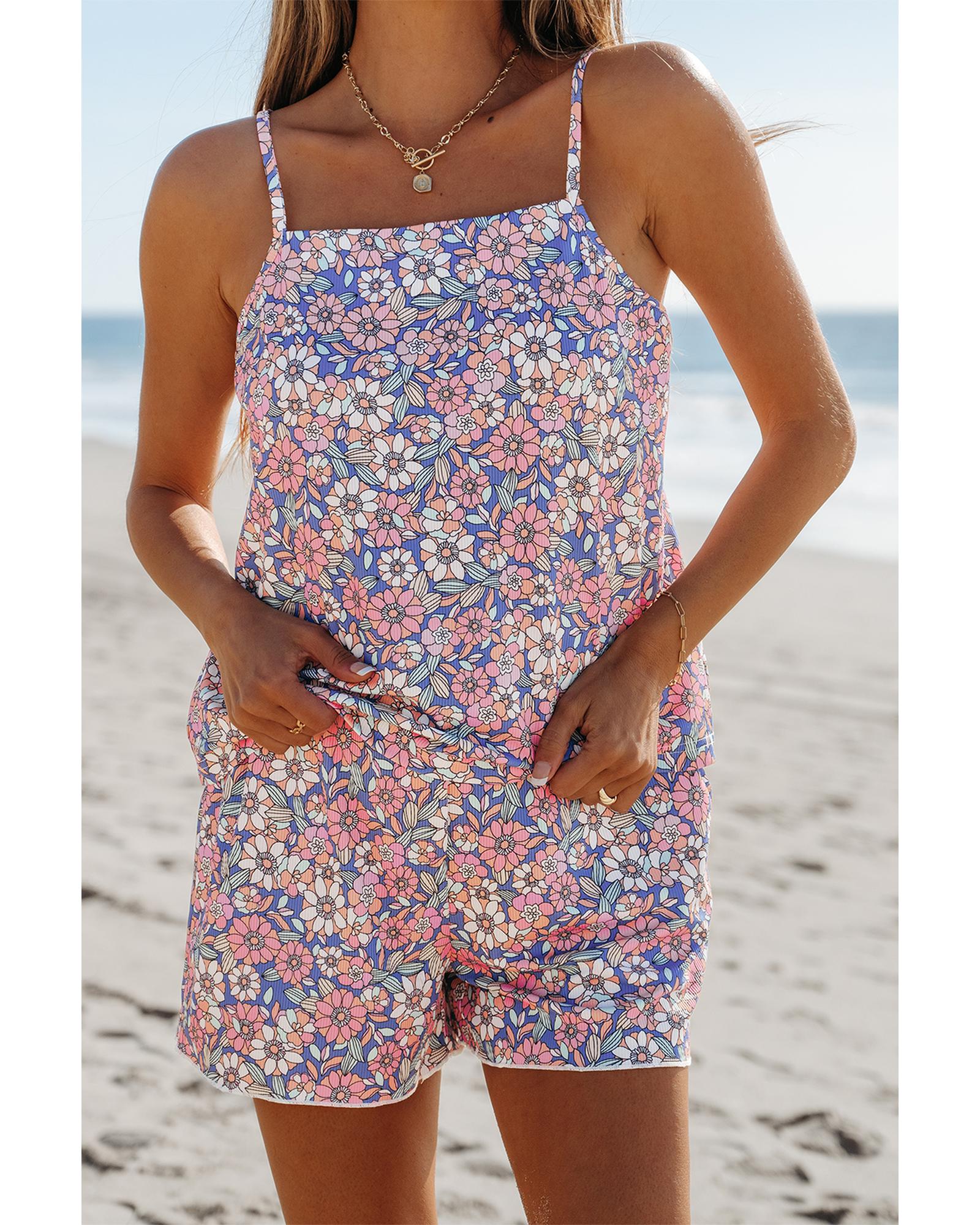 Sky Blue Floral Print Spaghetti Straps Tank Top and Shorts Set - XL 6