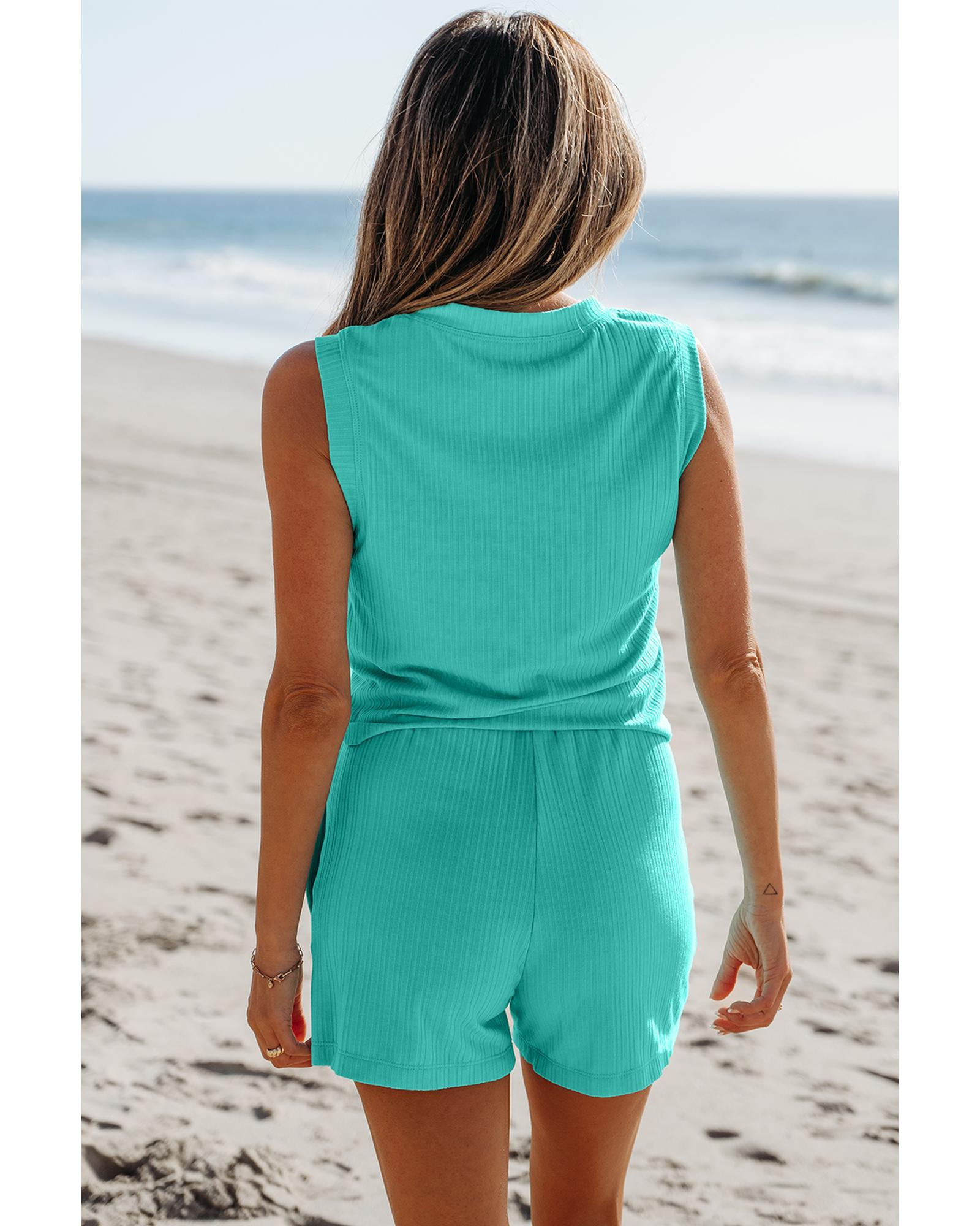 Mint Green Ribbed Button V Neck Tank Top and Shorts Set - L