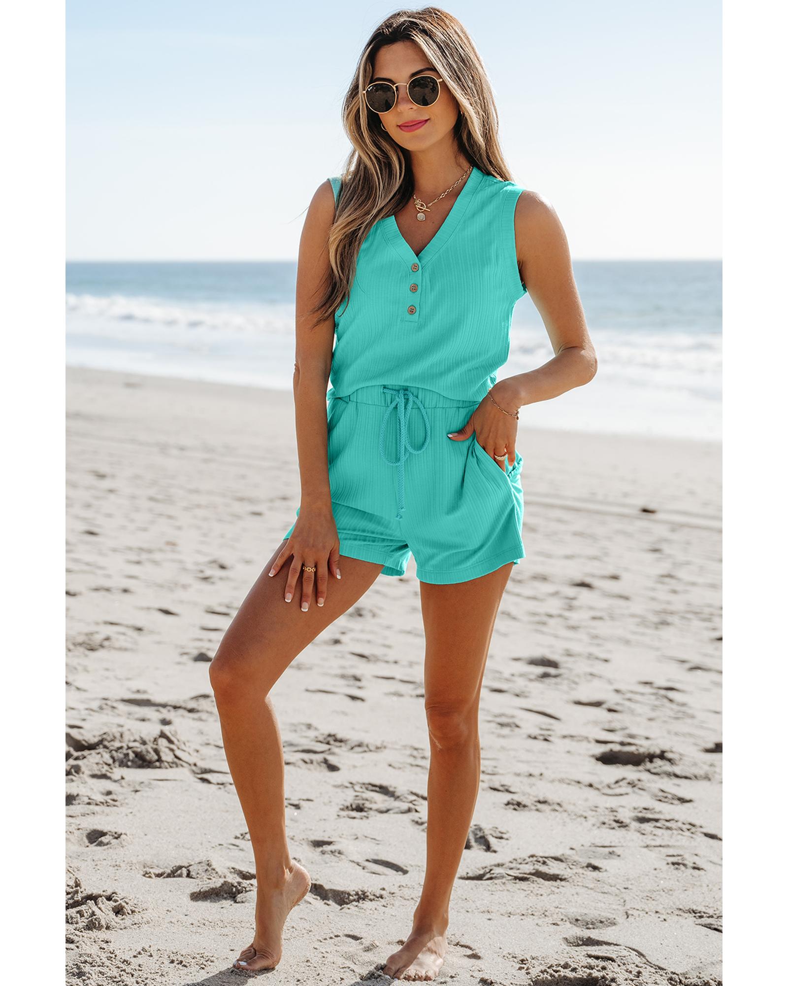 Mint Green Ribbed Button V Neck Tank Top and Shorts Set - L 5