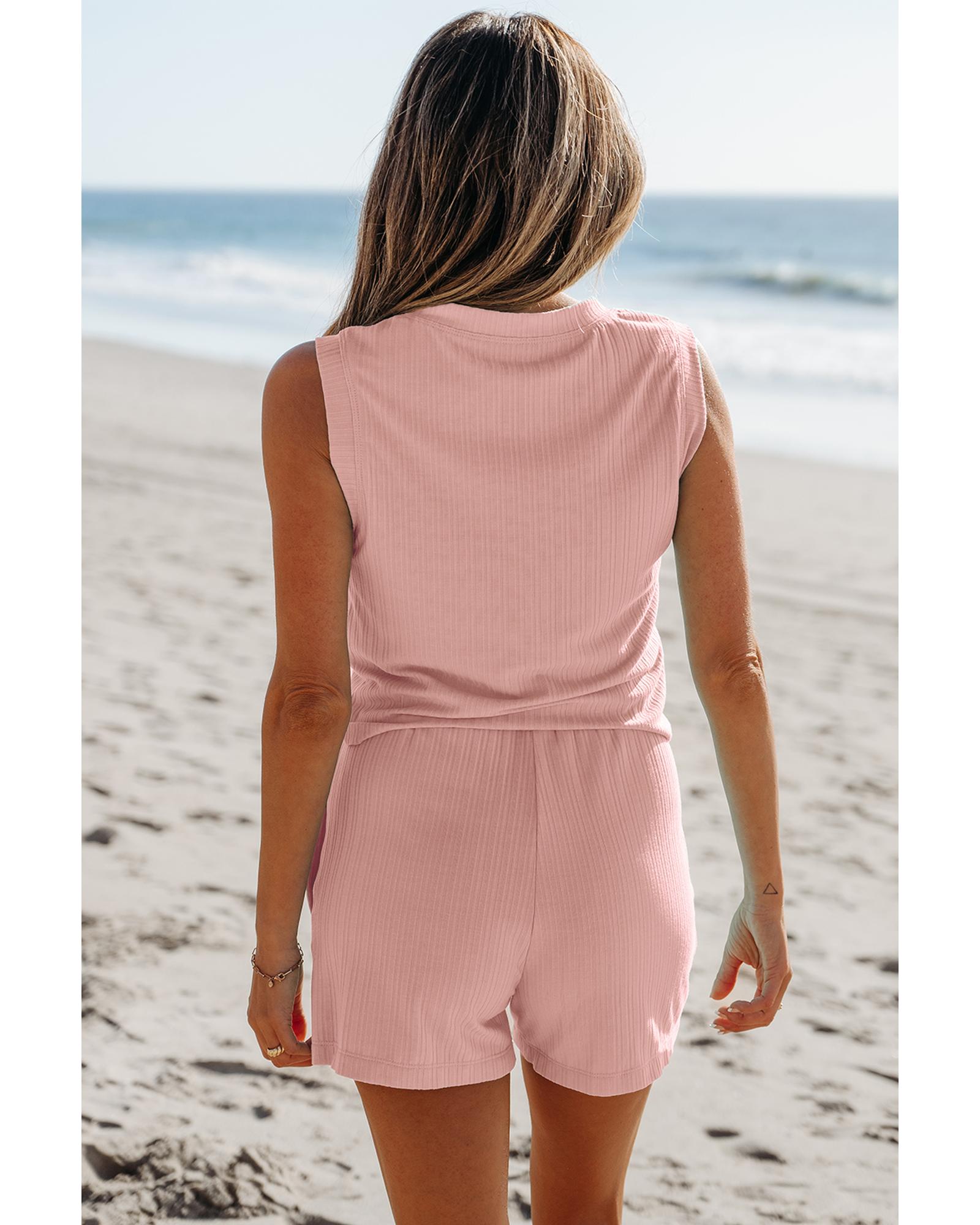 Gossamer Pink Ribbed Button V Neck Tank Top and Shorts Set - L