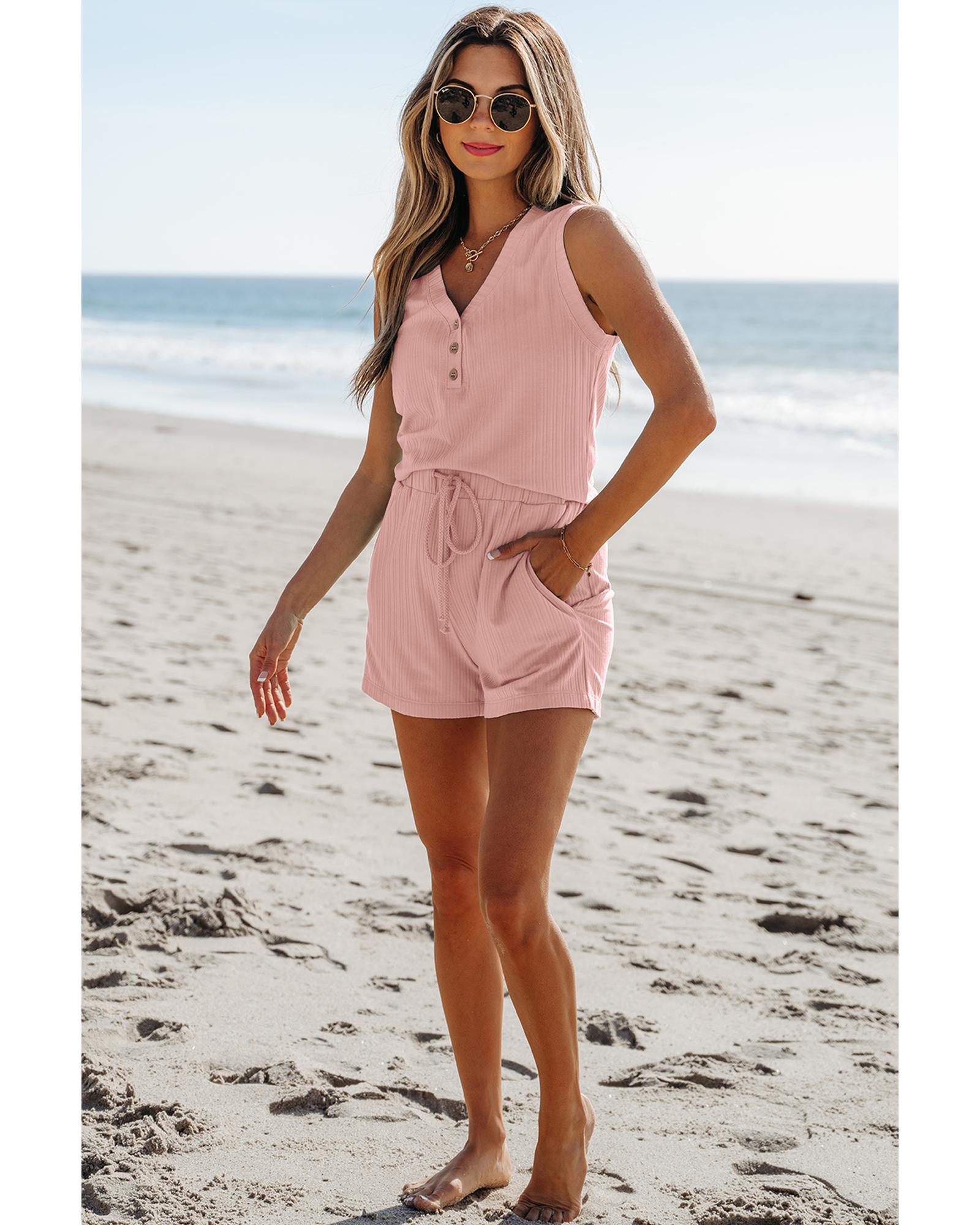 Gossamer Pink Ribbed Button V Neck Tank Top and Shorts Set - M 4