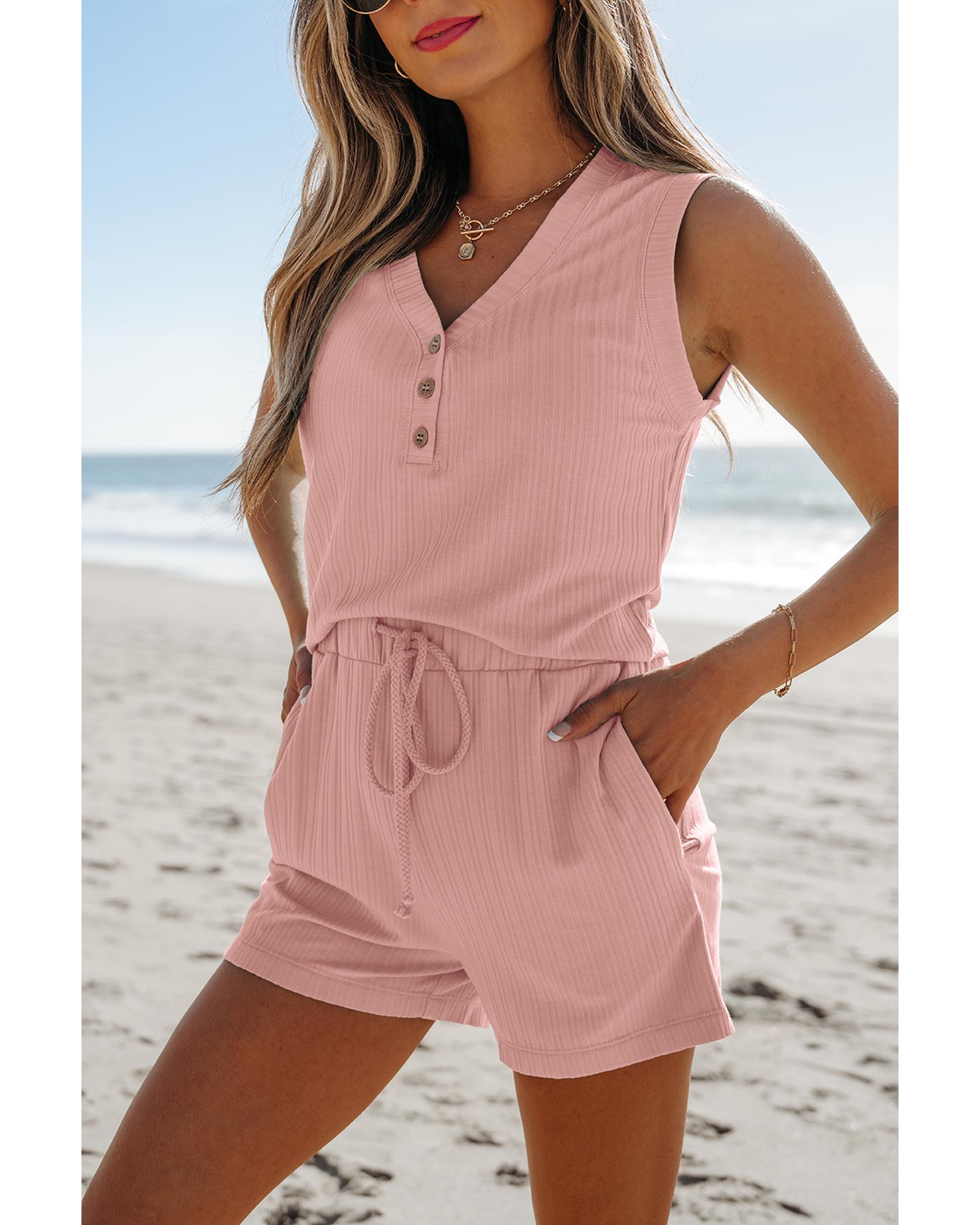 Gossamer Pink Ribbed Button V Neck Tank Top and Shorts Set - M 6