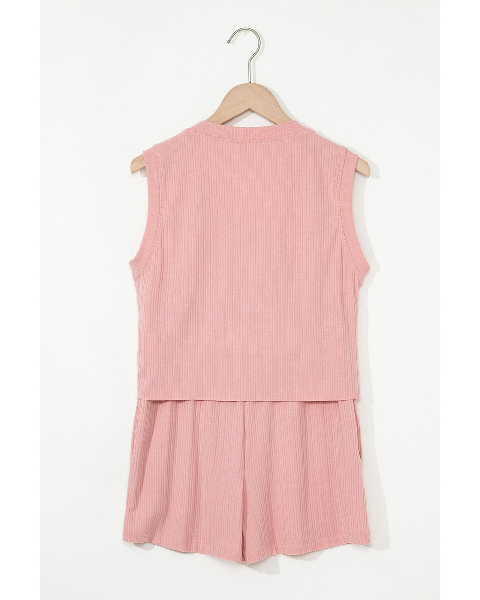 Gossamer Pink Ribbed Button V Neck Tank Top and Shorts Set - S 8
