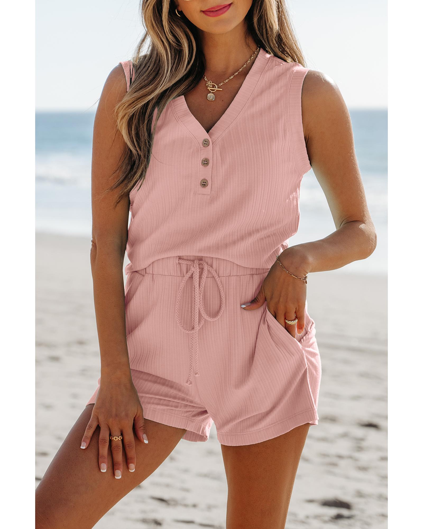 Gossamer Pink Ribbed Button V Neck Tank Top and Shorts Set - XL 5