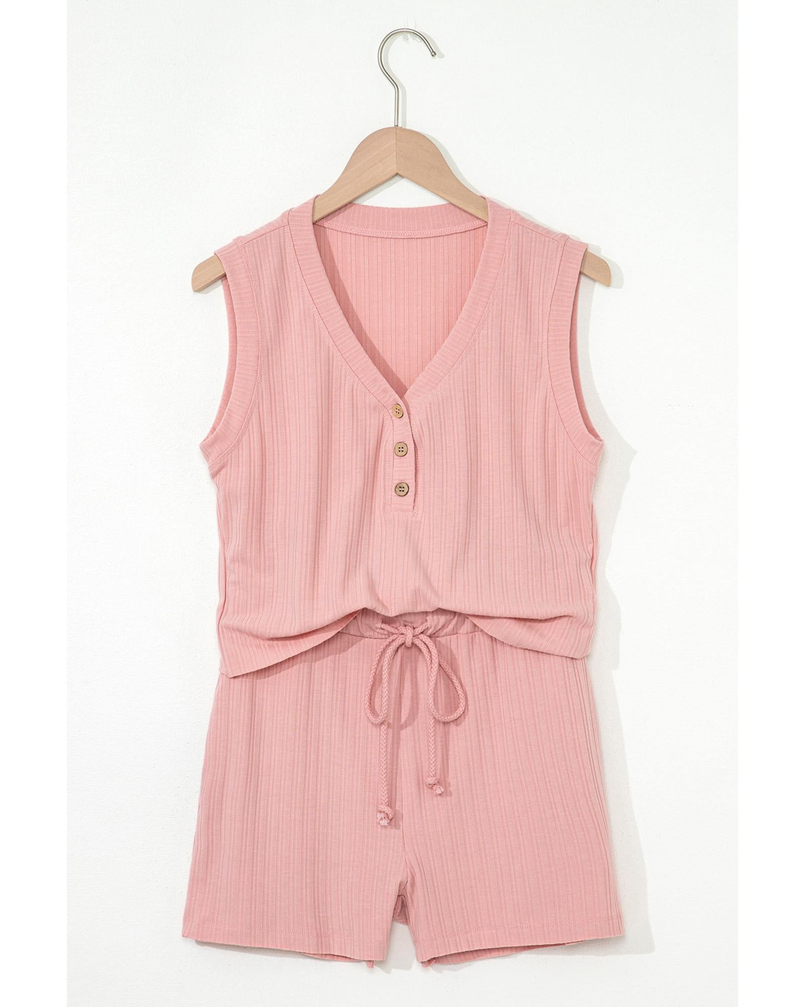 Gossamer Pink Ribbed Button V Neck Tank Top and Shorts Set - XL 7