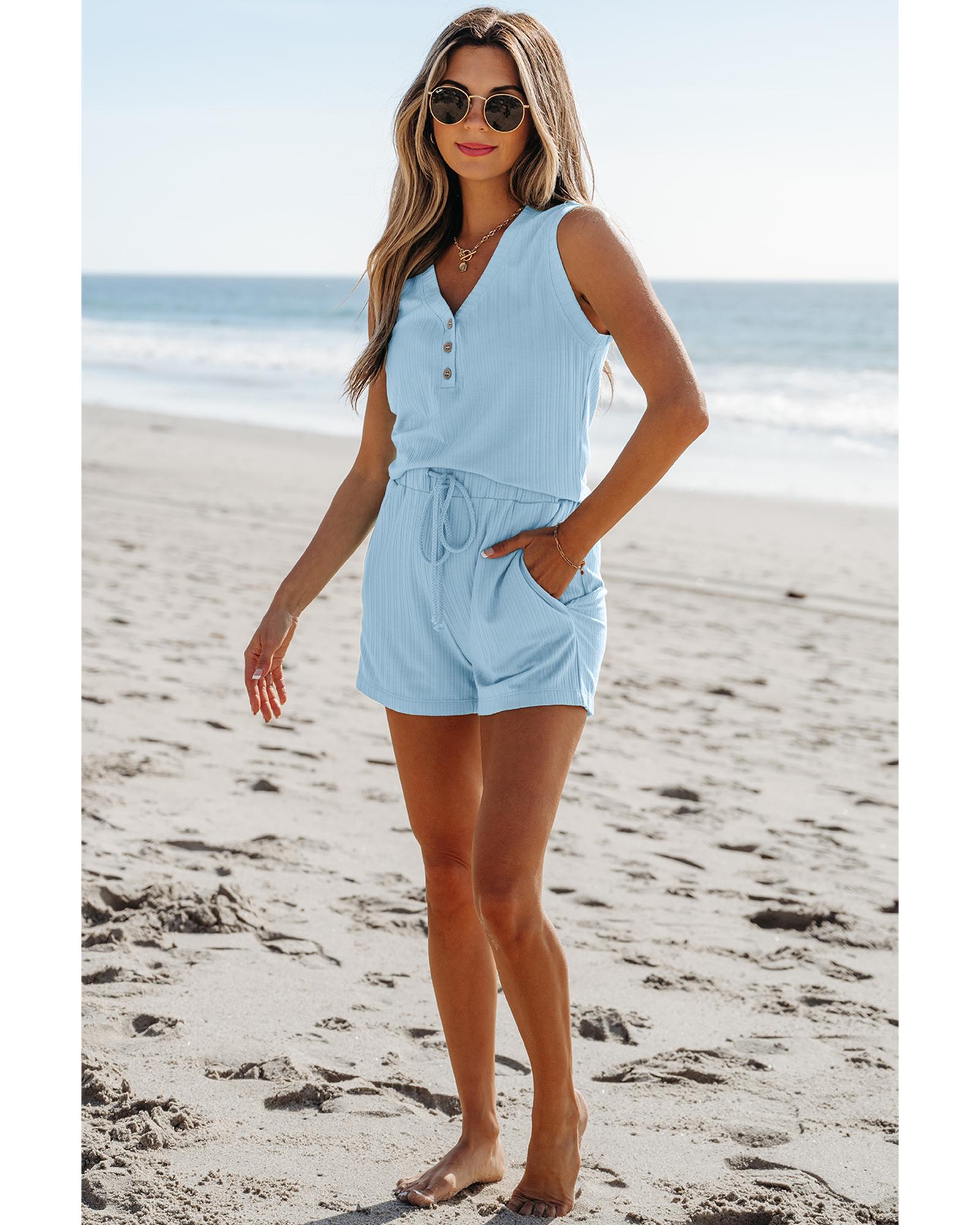 Beau Blue Ribbed Button V Neck Tank Top and Shorts Set - M 3