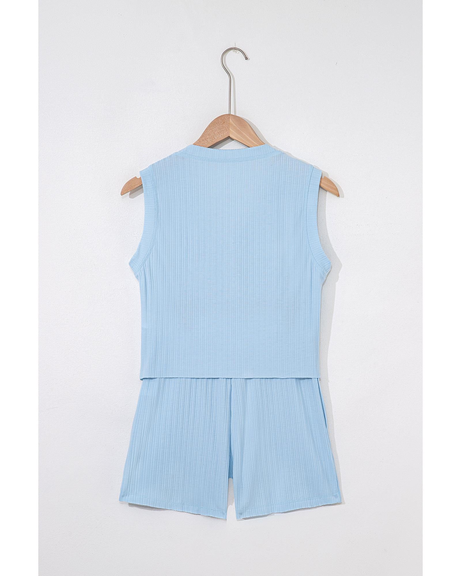 Beau Blue Ribbed Button V Neck Tank Top and Shorts Set - S 8