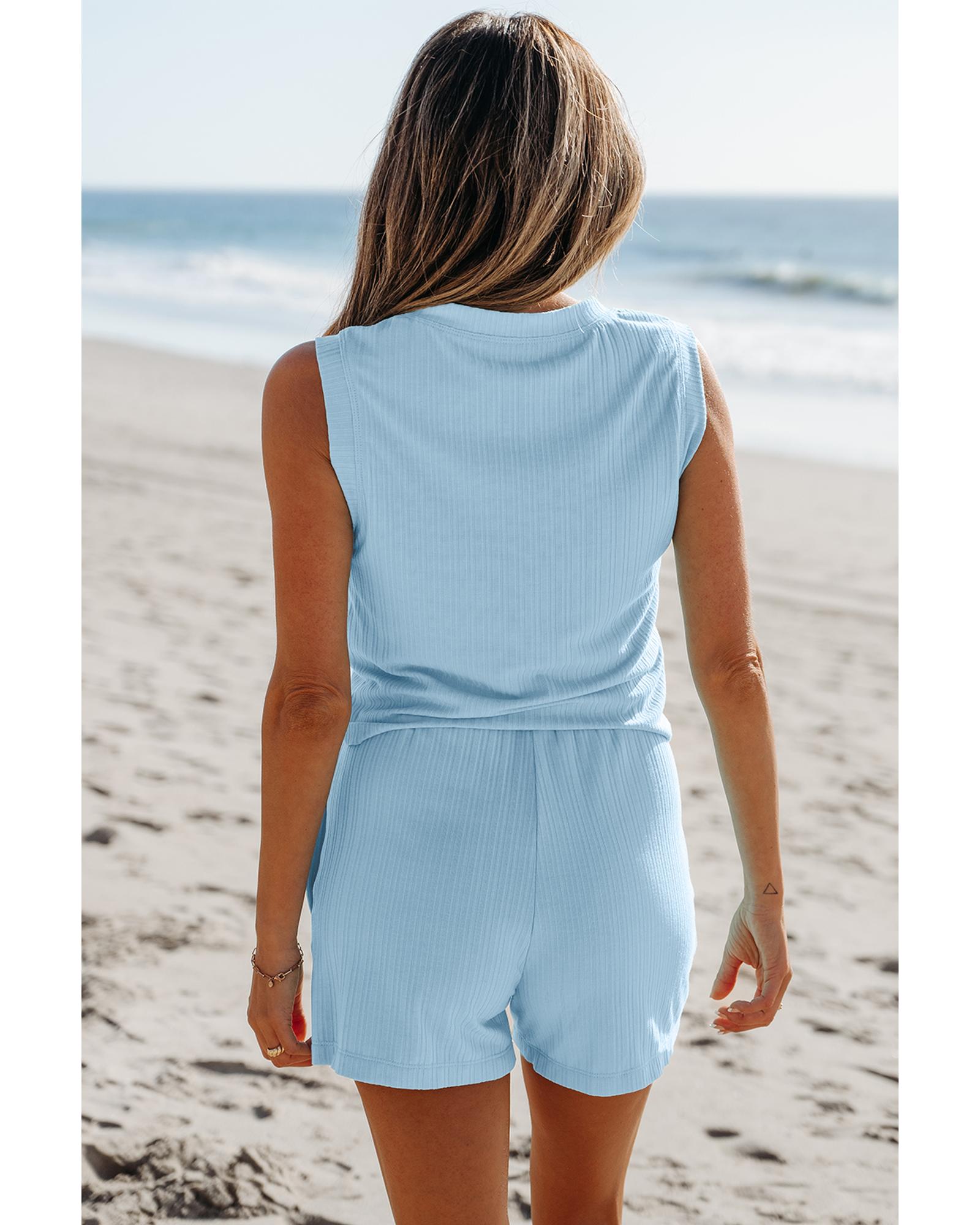 Beau Blue Ribbed Button V Neck Tank Top and Shorts Set - XL