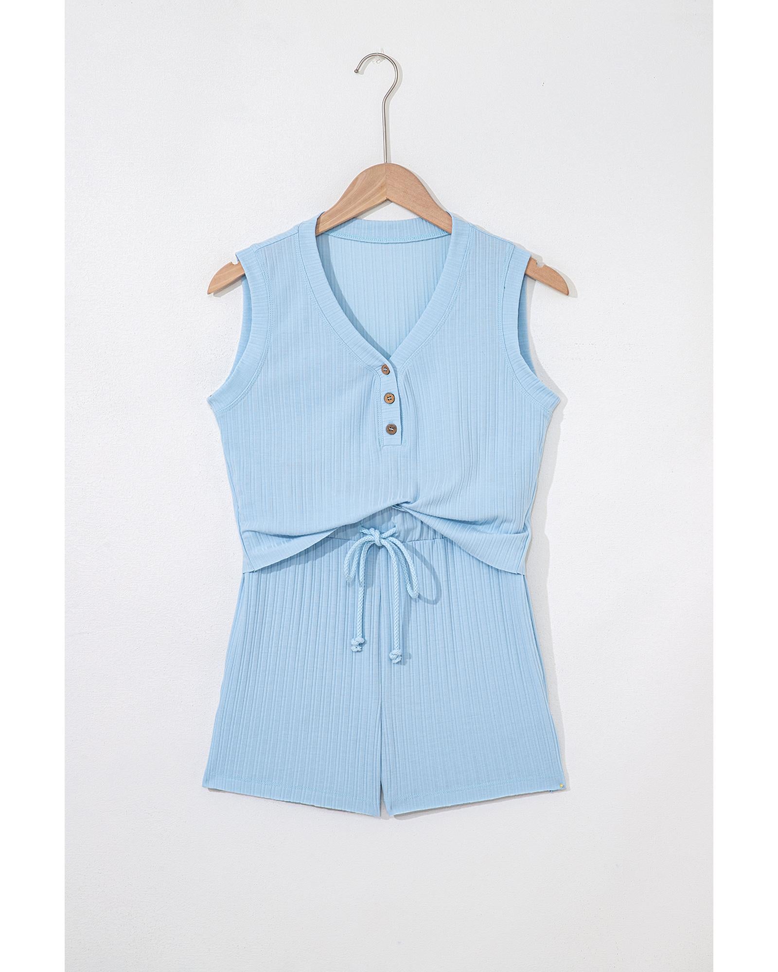 Beau Blue Ribbed Button V Neck Tank Top and Shorts Set - XL 7