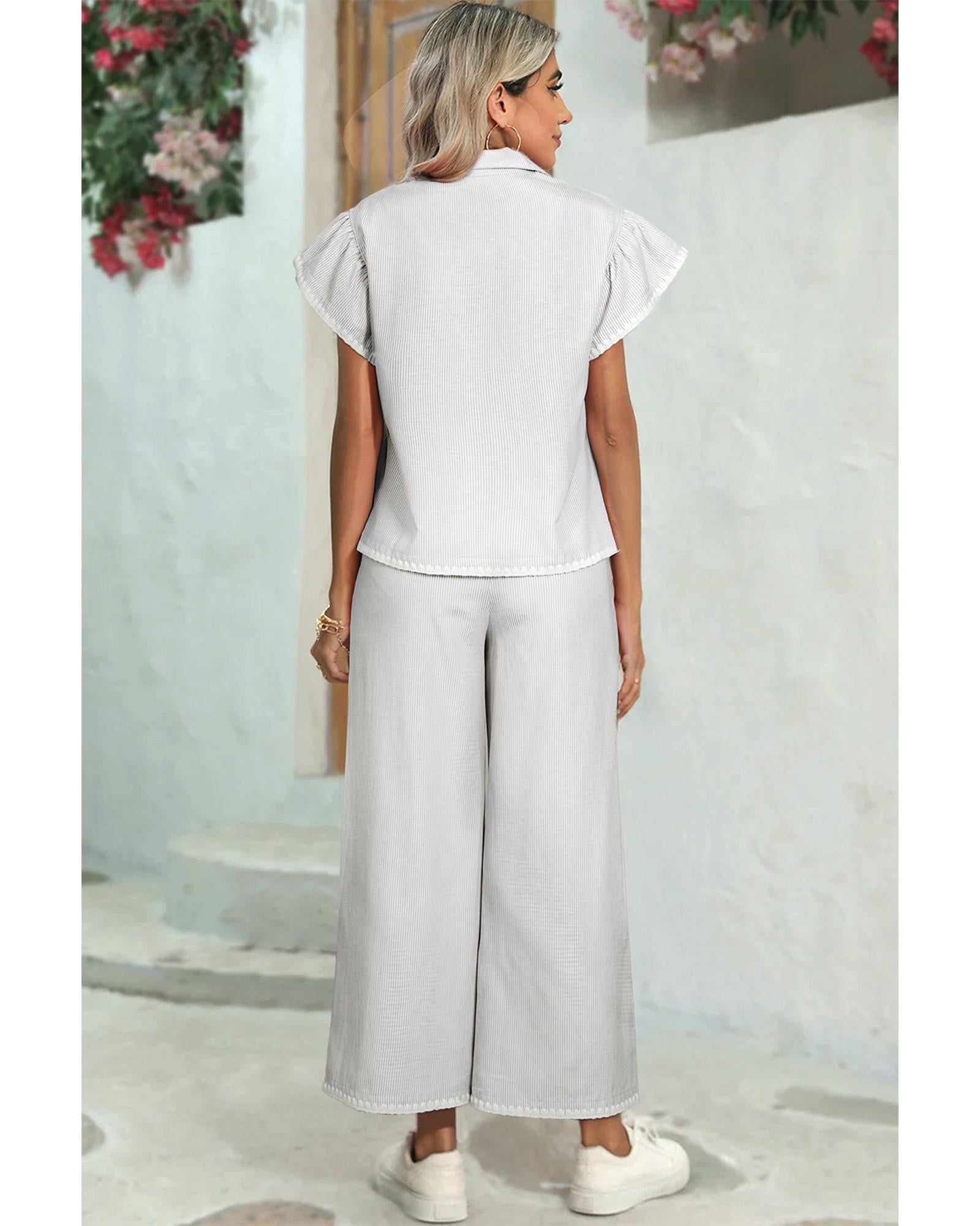 Gray Stripe Zipped up Collar Ruffled Sleeve Tee and Wide Leg Pants 2pcs Outfit - L 6