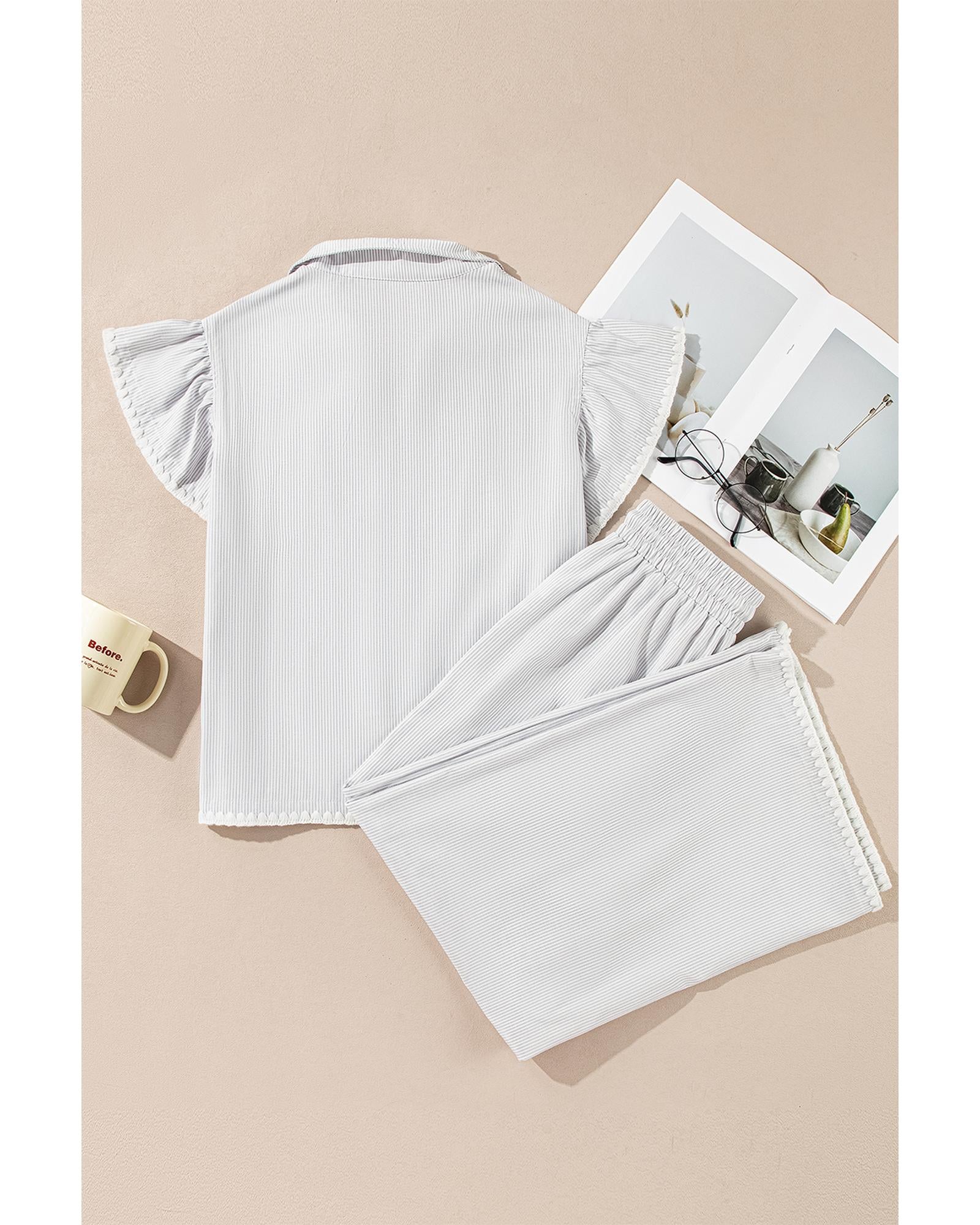 Gray Stripe Zipped up Collar Ruffled Sleeve Tee and Wide Leg Pants 2pcs Outfit - M