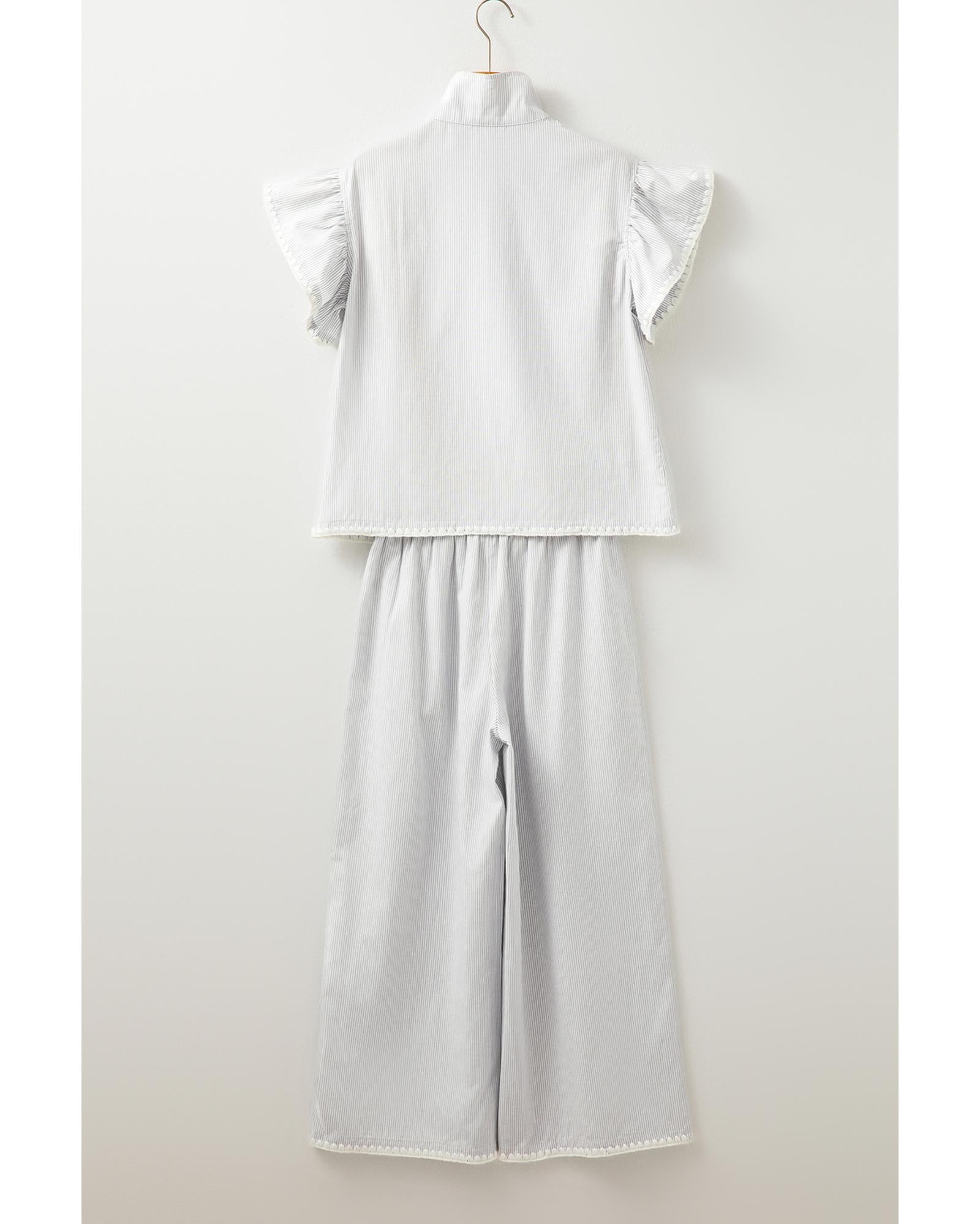 Gray Stripe Zipped up Collar Ruffled Sleeve Tee and Wide Leg Pants 2pcs Outfit - M