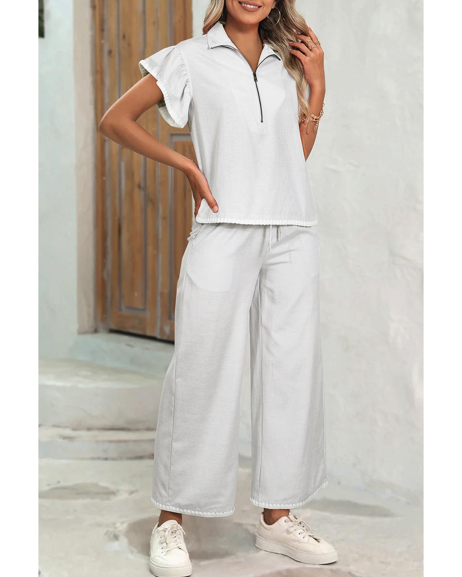 Gray Stripe Zipped up Collar Ruffled Sleeve Tee and Wide Leg Pants 2pcs Outfit - M 3