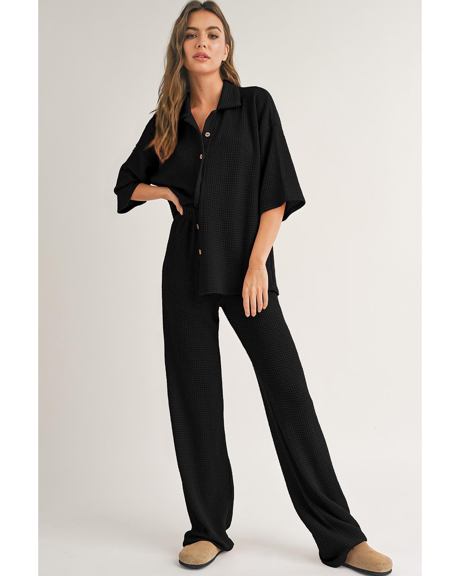 Black Solid Color Textured Buttoned Shirt and Casual Pants Set - 2XL 4