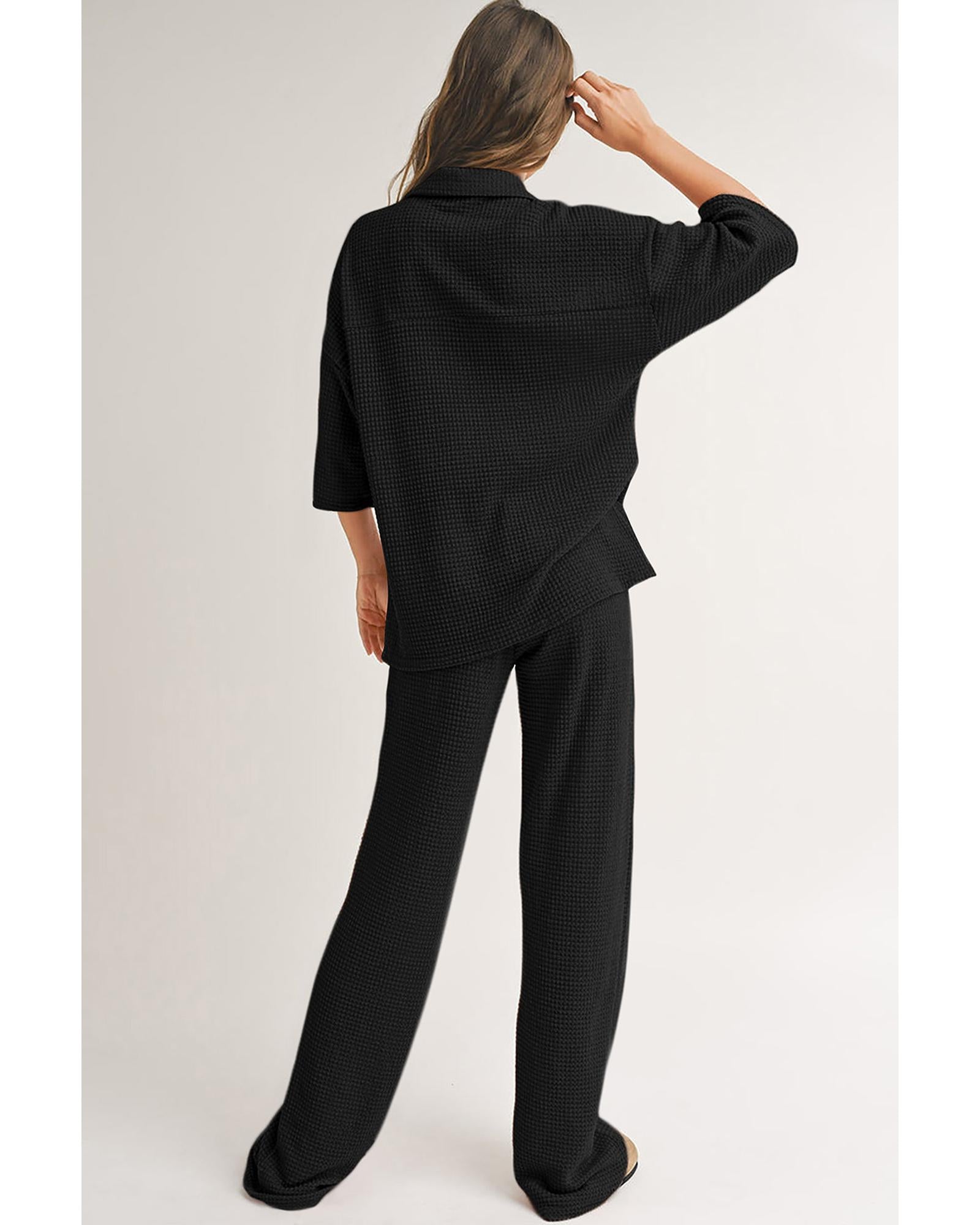 Black Solid Color Textured Buttoned Shirt and Casual Pants Set - M