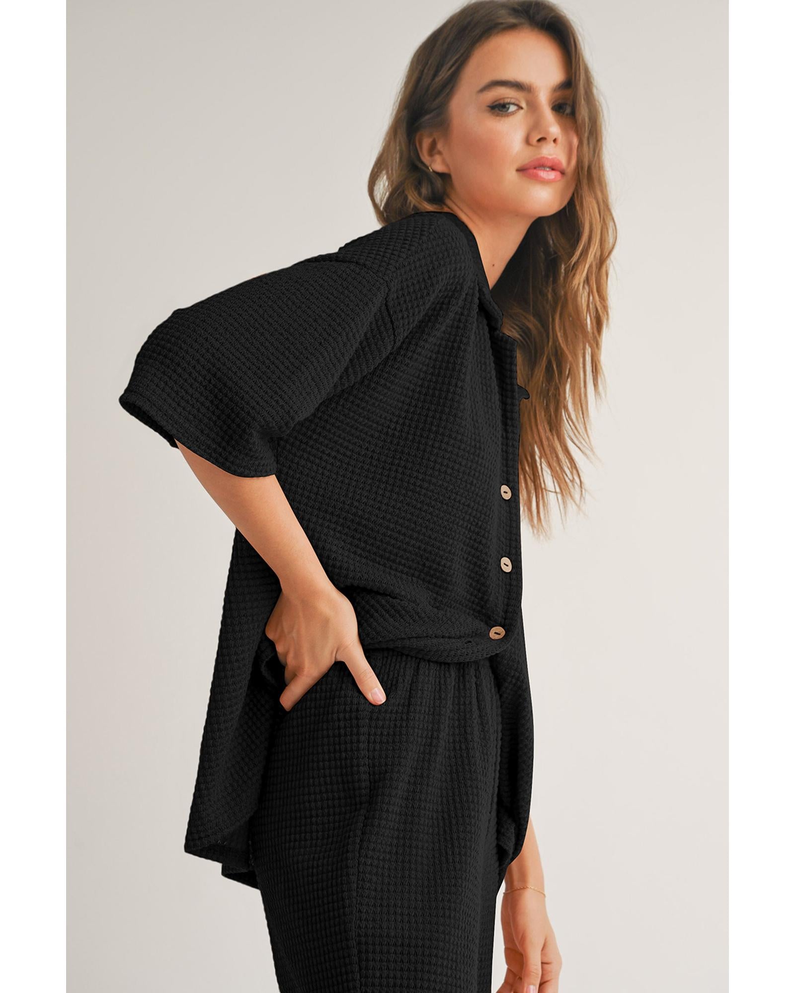 Black Solid Color Textured Buttoned Shirt and Casual Pants Set - M 3