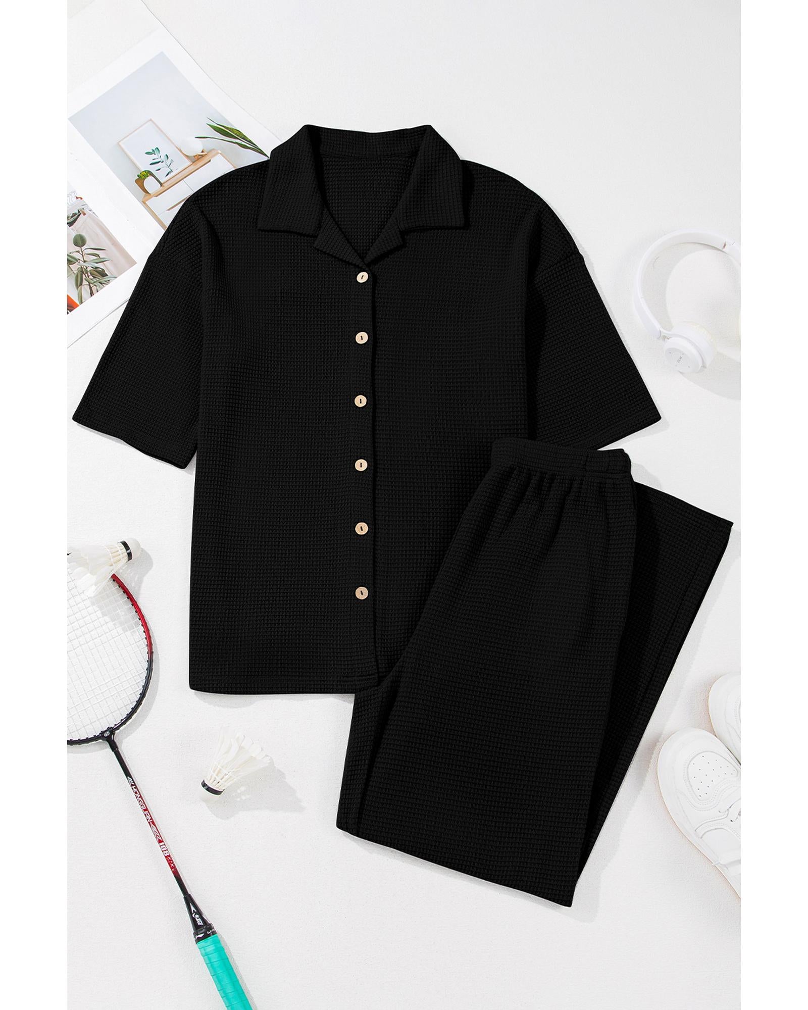 Black Solid Color Textured Buttoned Shirt and Casual Pants Set - M 5