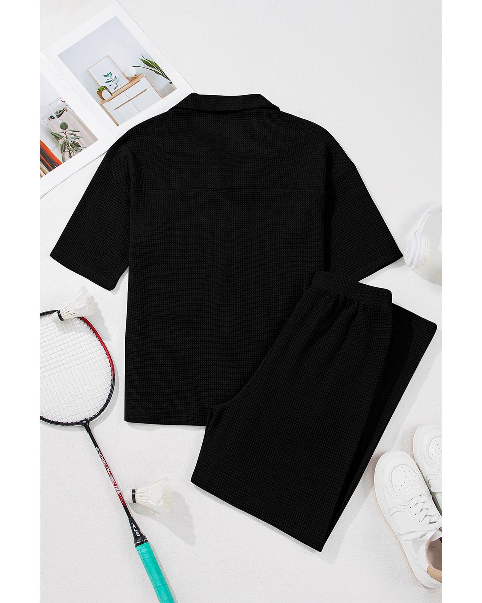 Black Solid Color Textured Buttoned Shirt and Casual Pants Set - M 6