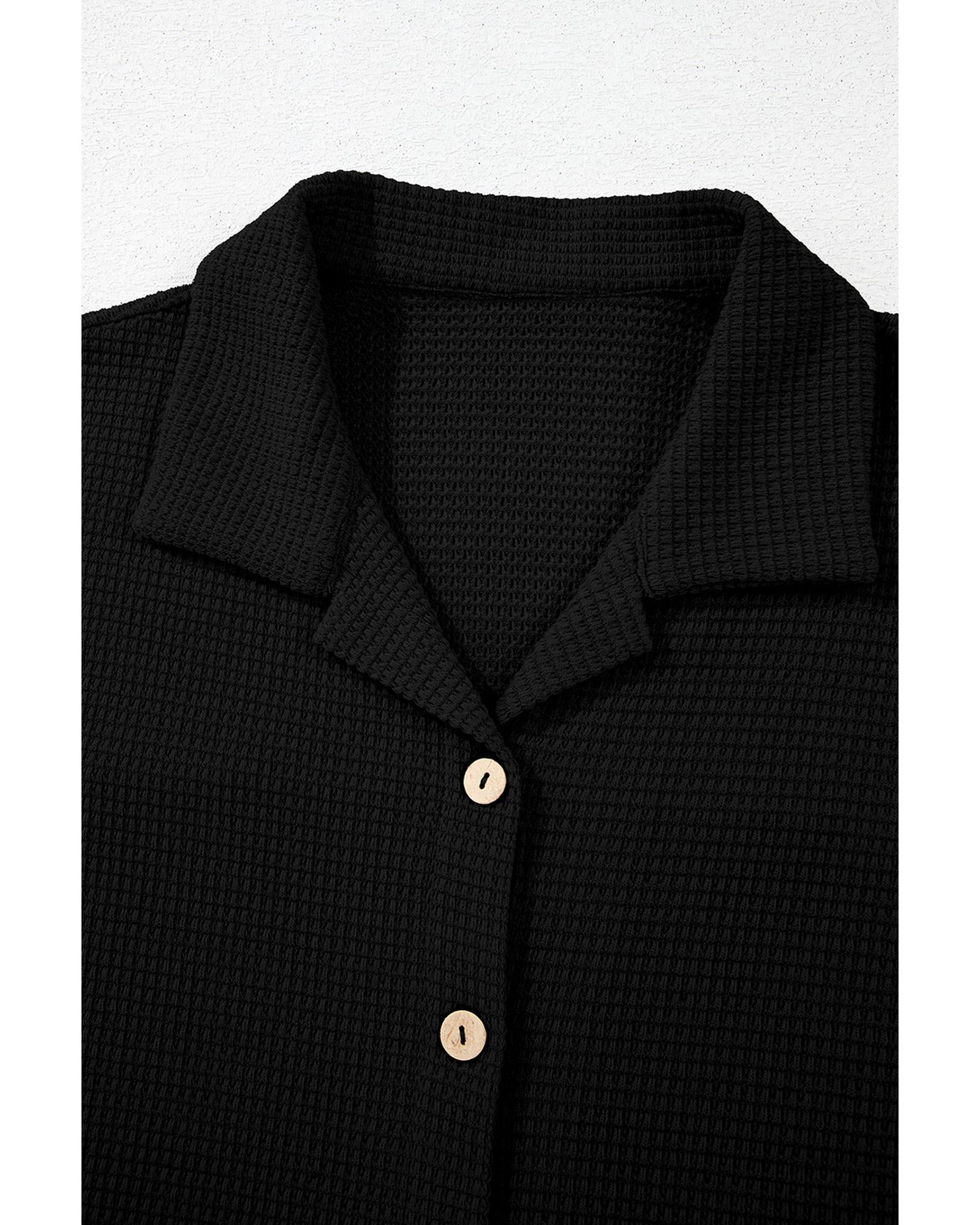 Black Solid Color Textured Buttoned Shirt and Casual Pants Set - M 7