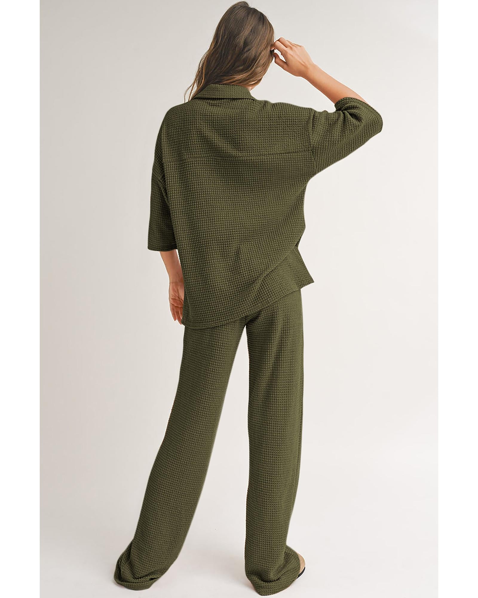 Four Leaf Clover Solid Color Textured Buttoned Shirt and Casual Pants Set - 2XL