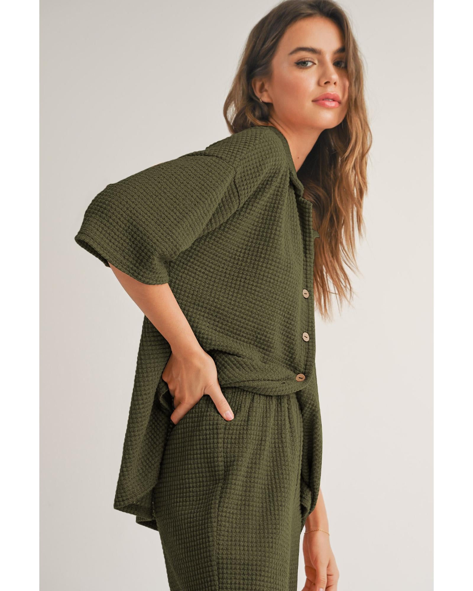Four Leaf Clover Solid Color Textured Buttoned Shirt and Casual Pants Set - 2XL 3