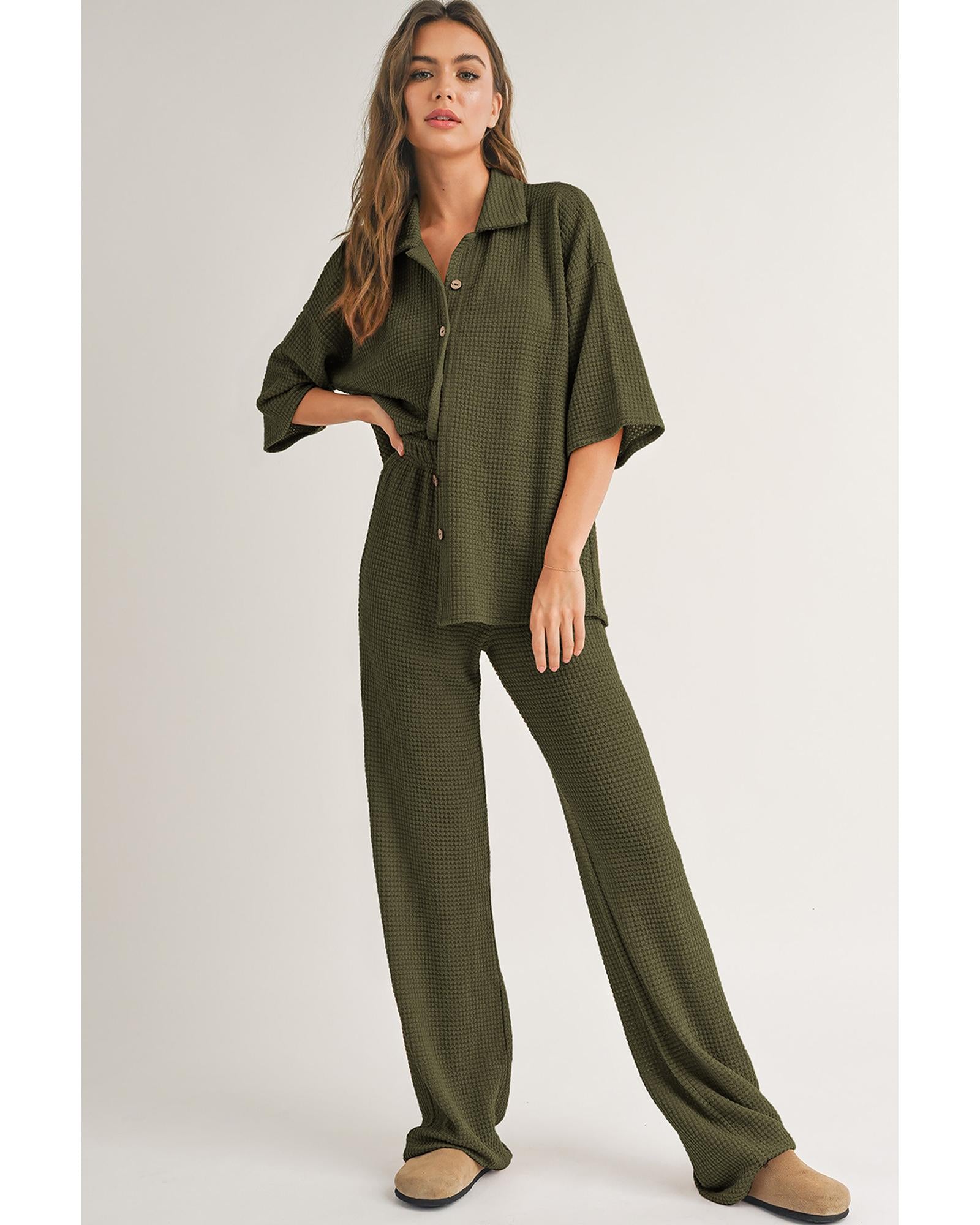 Four Leaf Clover Solid Color Textured Buttoned Shirt and Casual Pants Set - 2XL 4