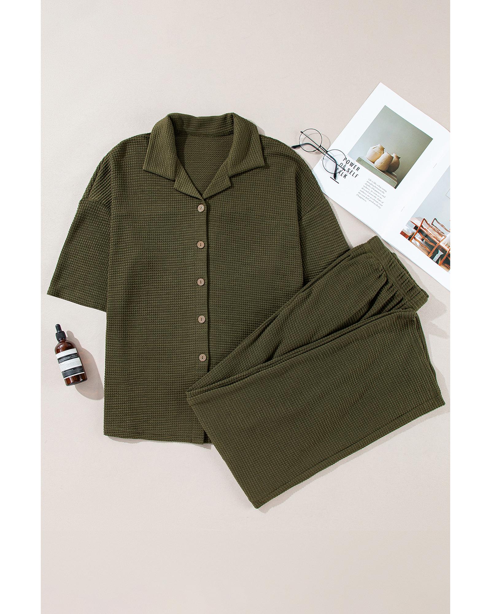 Four Leaf Clover Solid Color Textured Buttoned Shirt and Casual Pants Set - 2XL 5