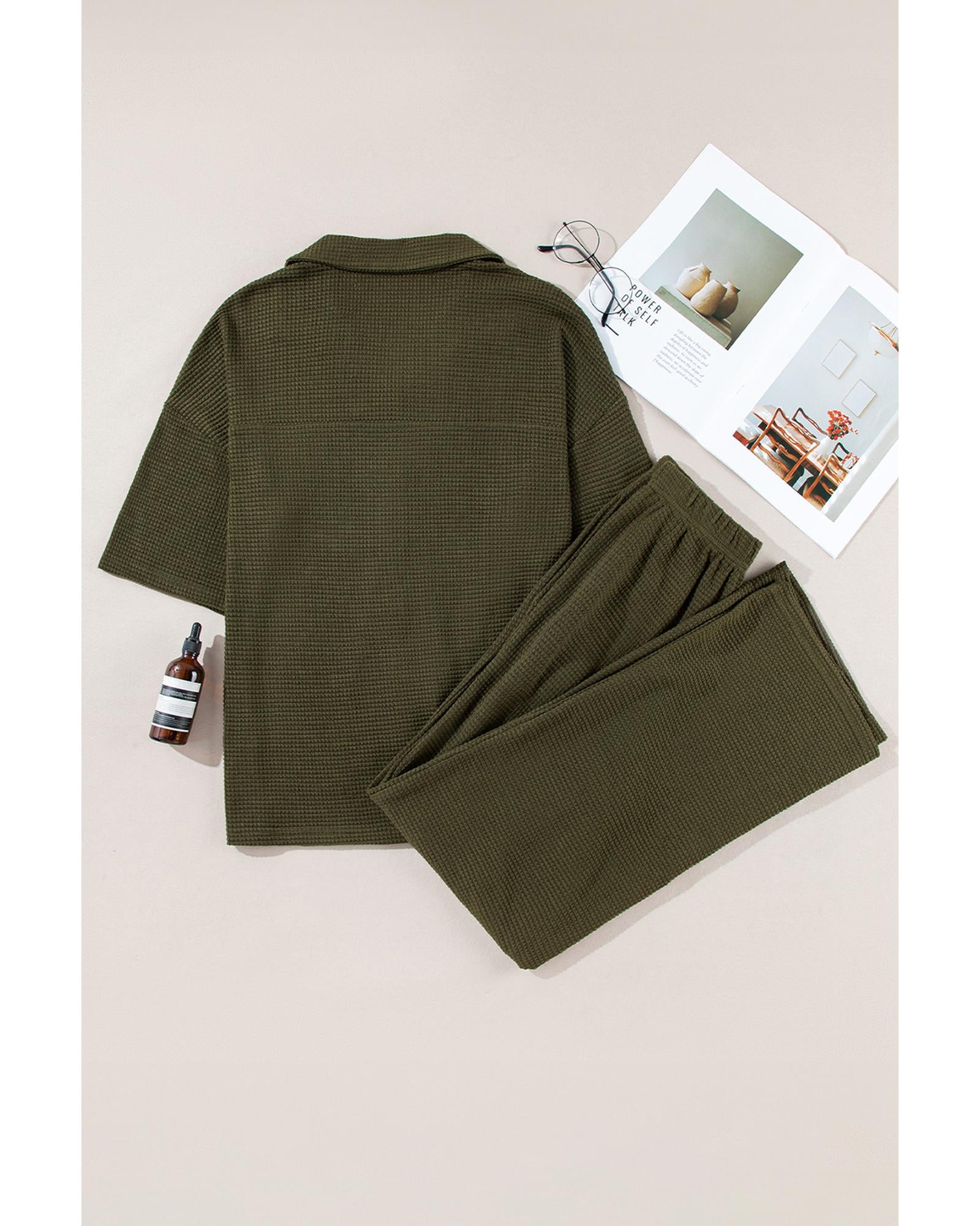 Four Leaf Clover Solid Color Textured Buttoned Shirt and Casual Pants Set - 2XL 6