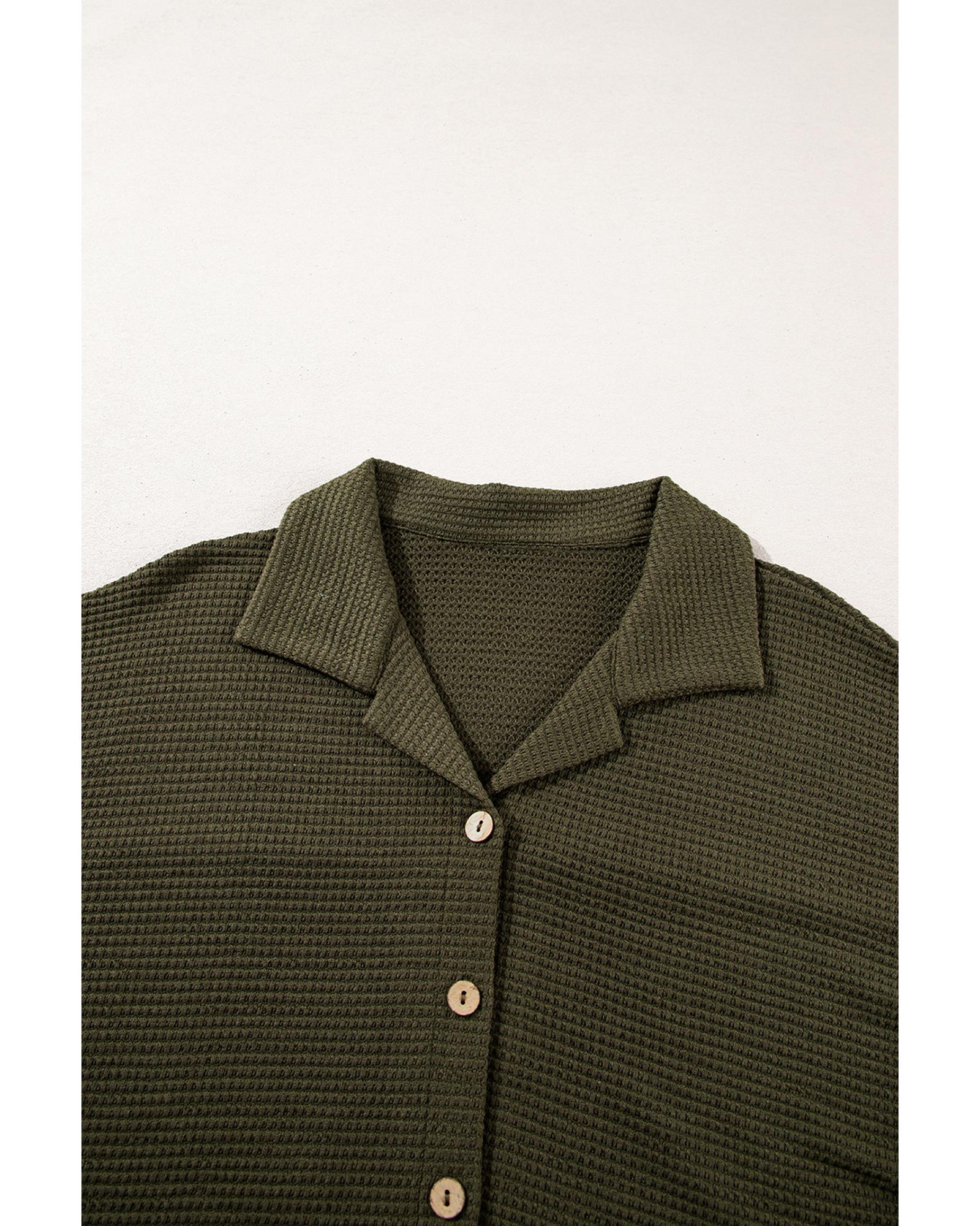 Four Leaf Clover Solid Color Textured Buttoned Shirt and Casual Pants Set - 2XL 7