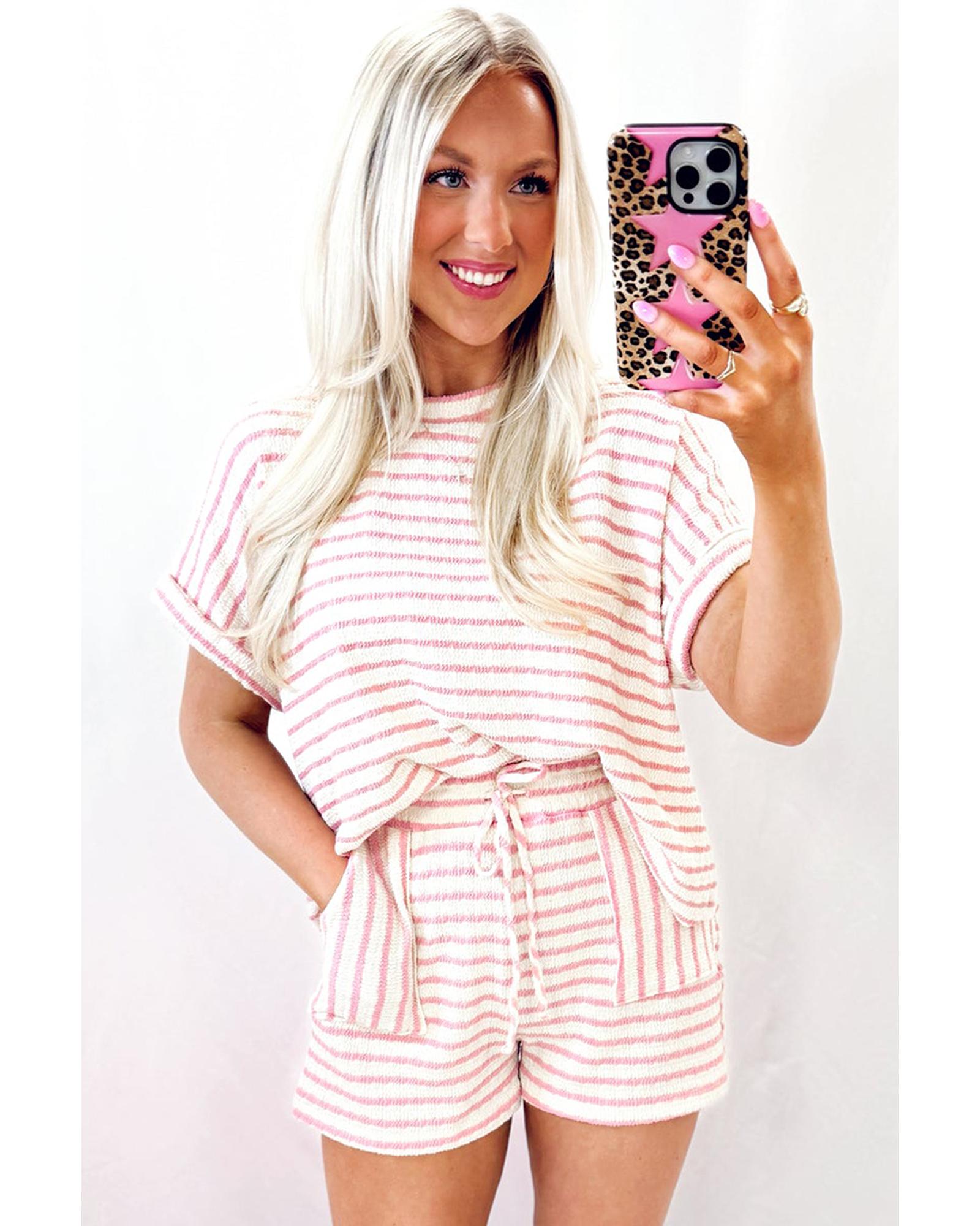 Pink Stripe Knitted Short Sleeve Top and Drawstring Shorts Set - L 5