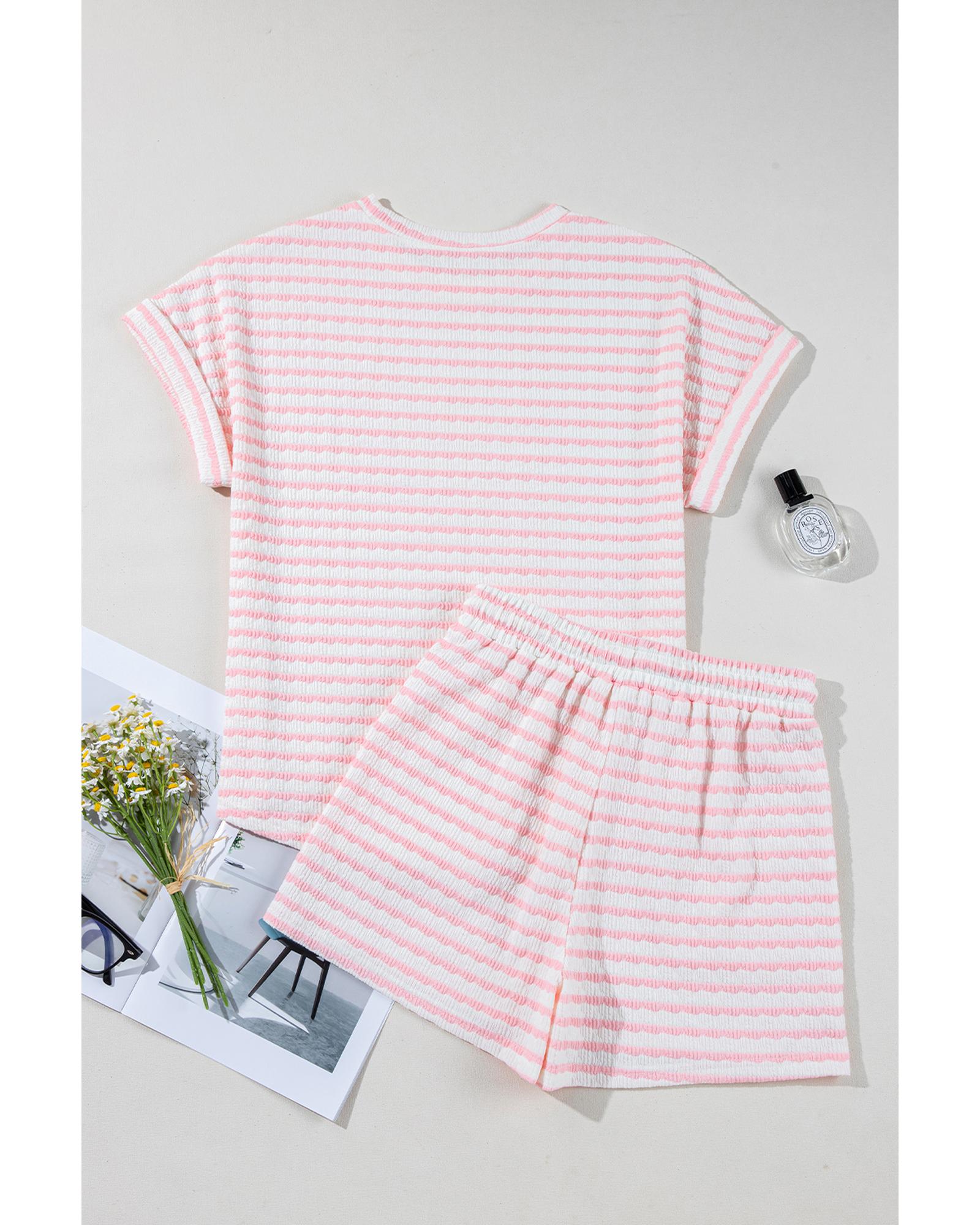 Pink Stripe Knitted Short Sleeve Top and Drawstring Shorts Set - L 7