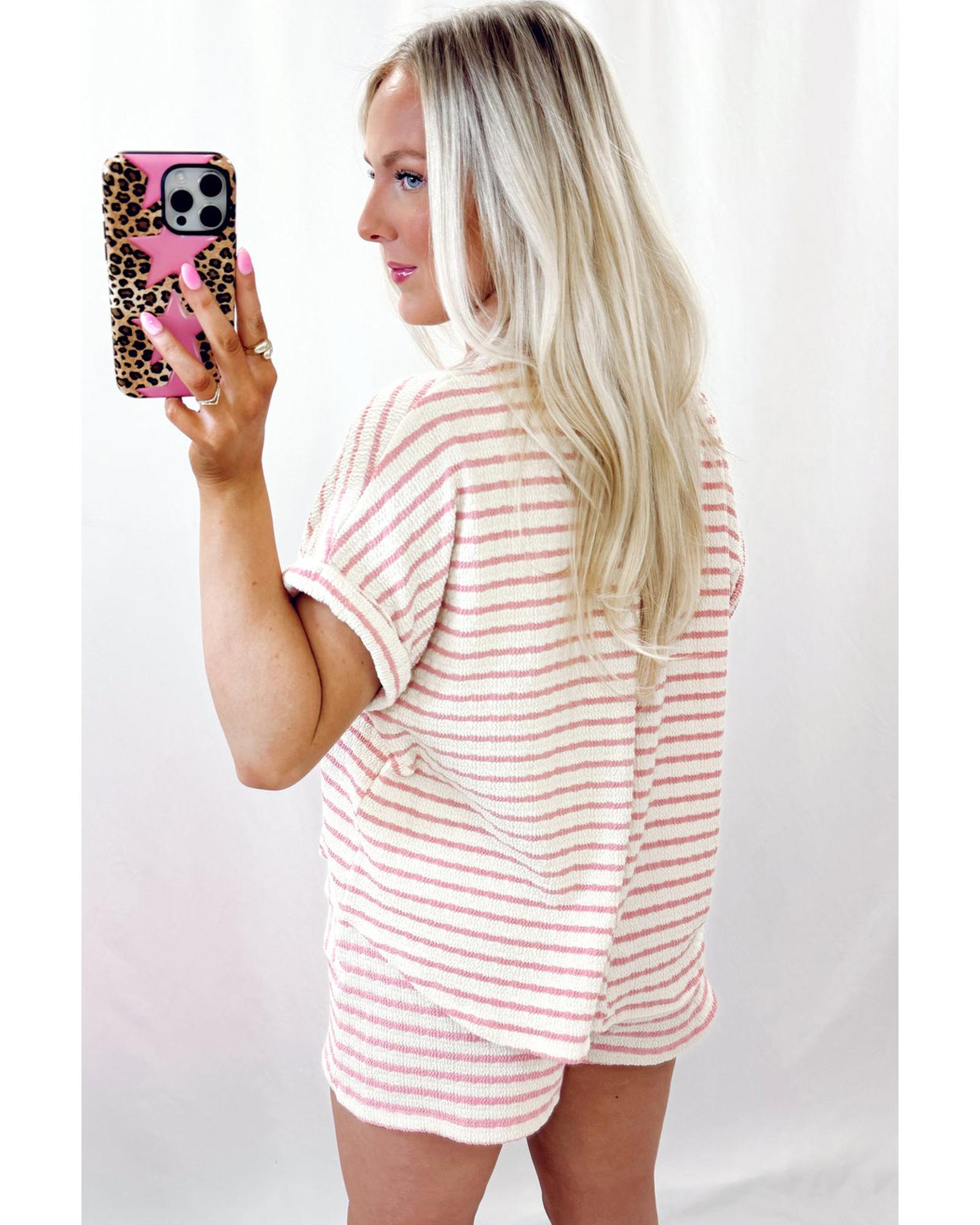 Pink Stripe Knitted Short Sleeve Top and Drawstring Shorts Set - M