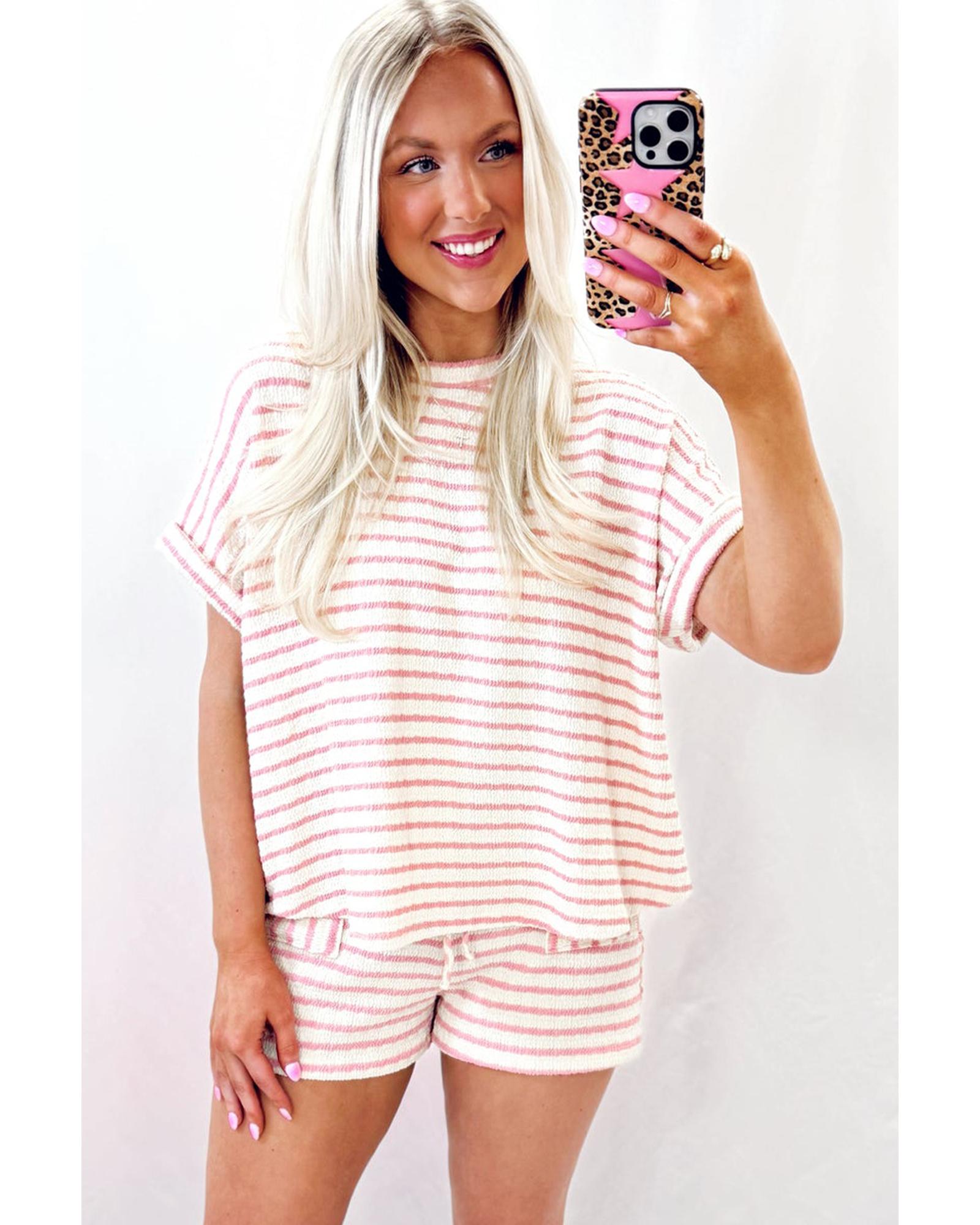 Pink Stripe Knitted Short Sleeve Top and Drawstring Shorts Set - M 4
