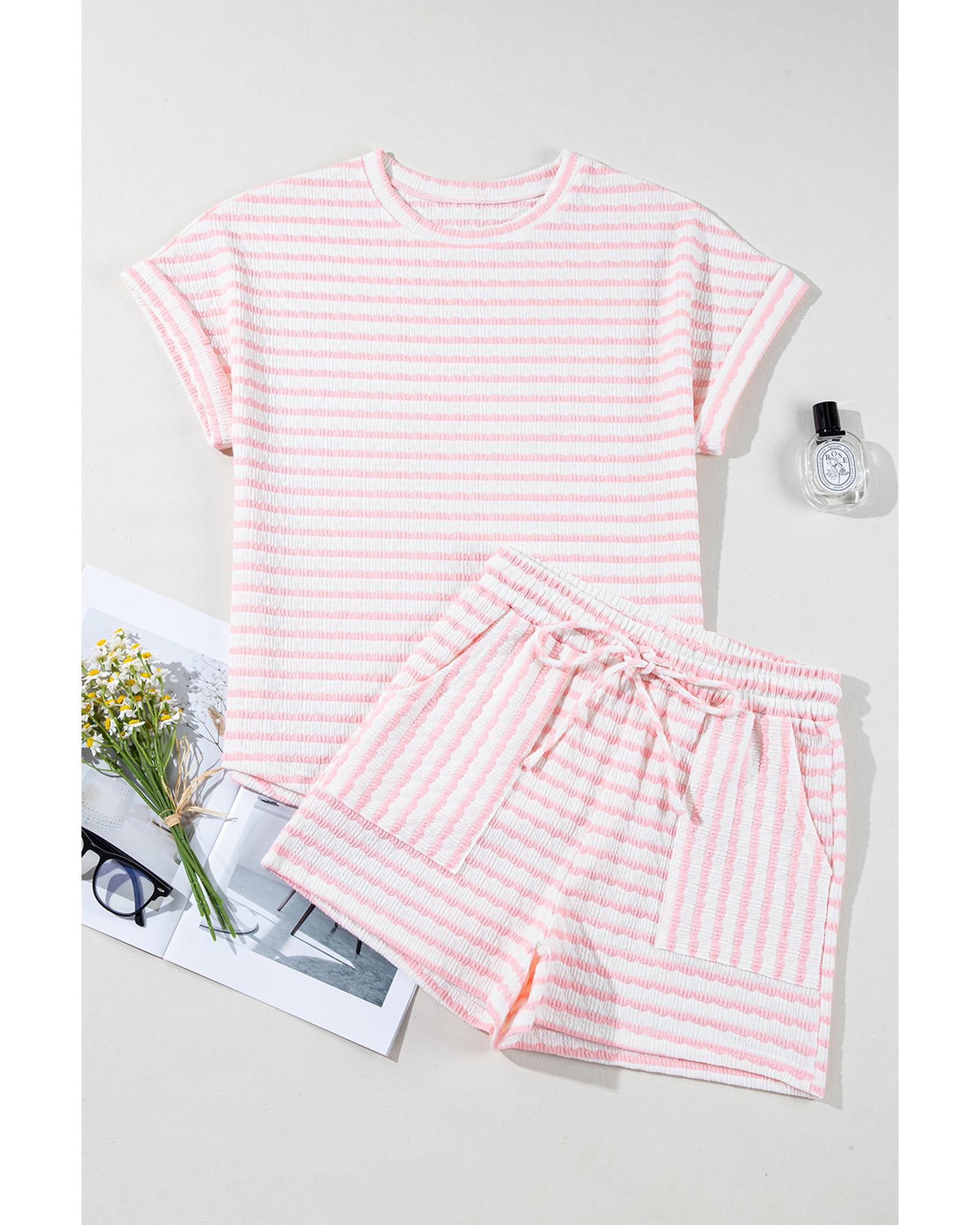 Pink Stripe Knitted Short Sleeve Top and Drawstring Shorts Set - M 6