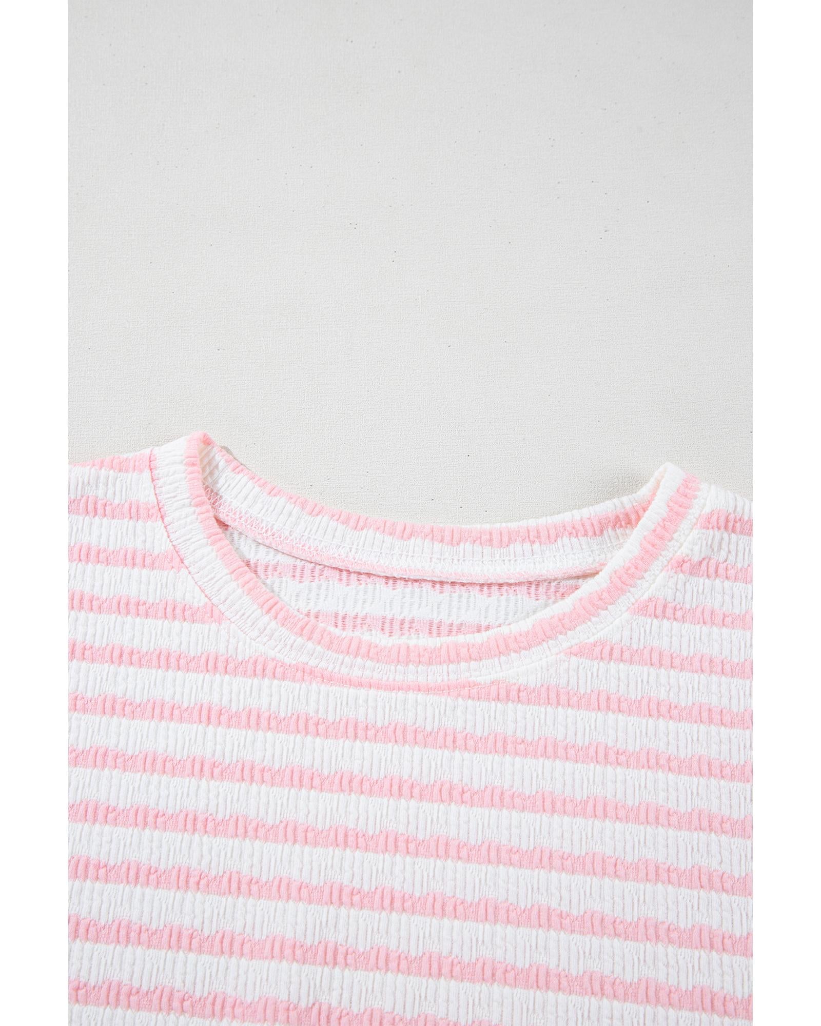 Pink Stripe Knitted Short Sleeve Top and Drawstring Shorts Set - M 8