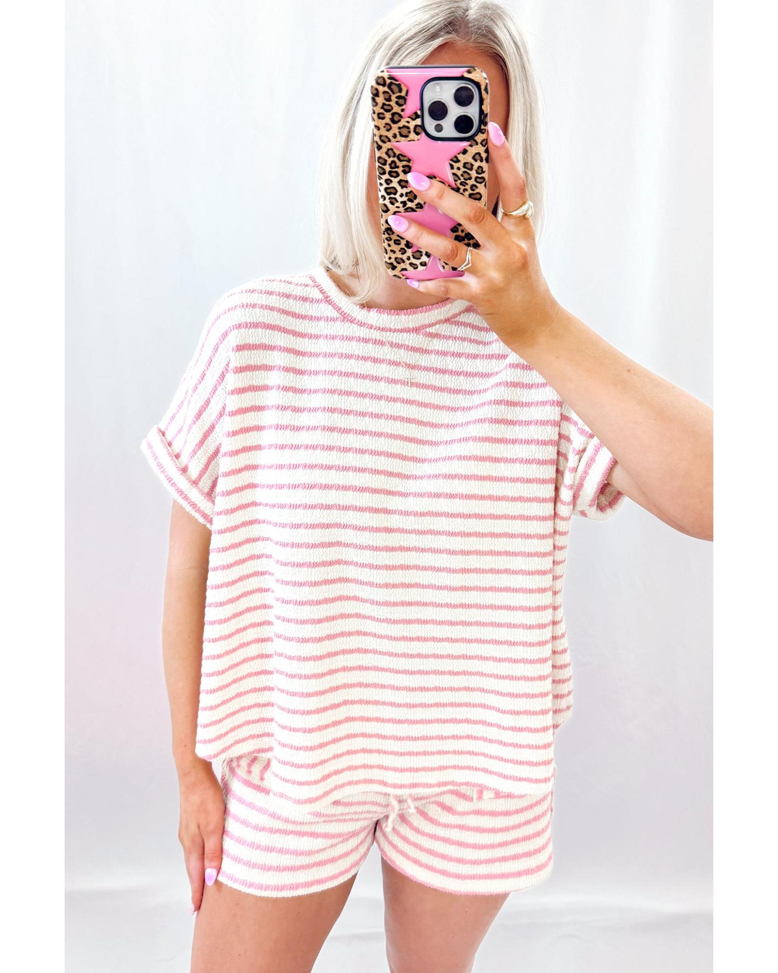 Pink Stripe Knitted Short Sleeve Top and Drawstring Shorts Set - S