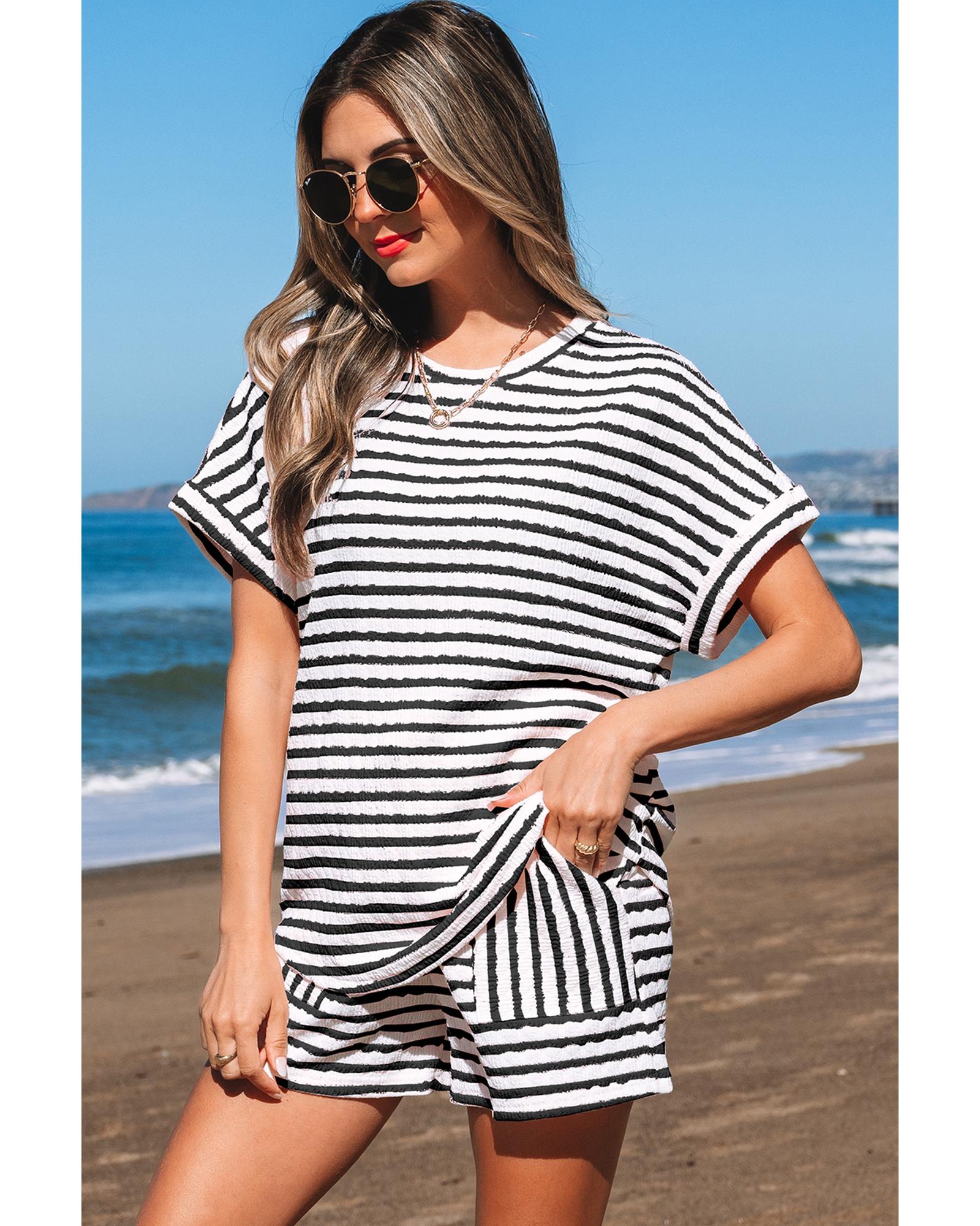 Black Stripe Knitted Short Sleeve Top and Drawstring Shorts Set - L 4