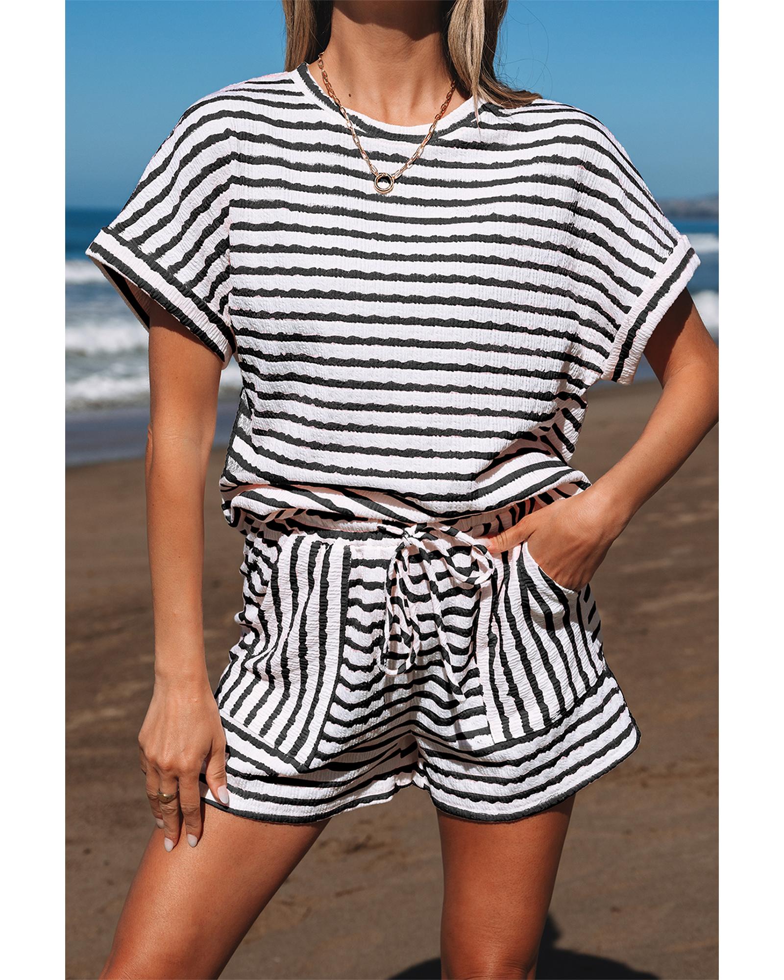 Black Stripe Knitted Short Sleeve Top and Drawstring Shorts Set - L 5