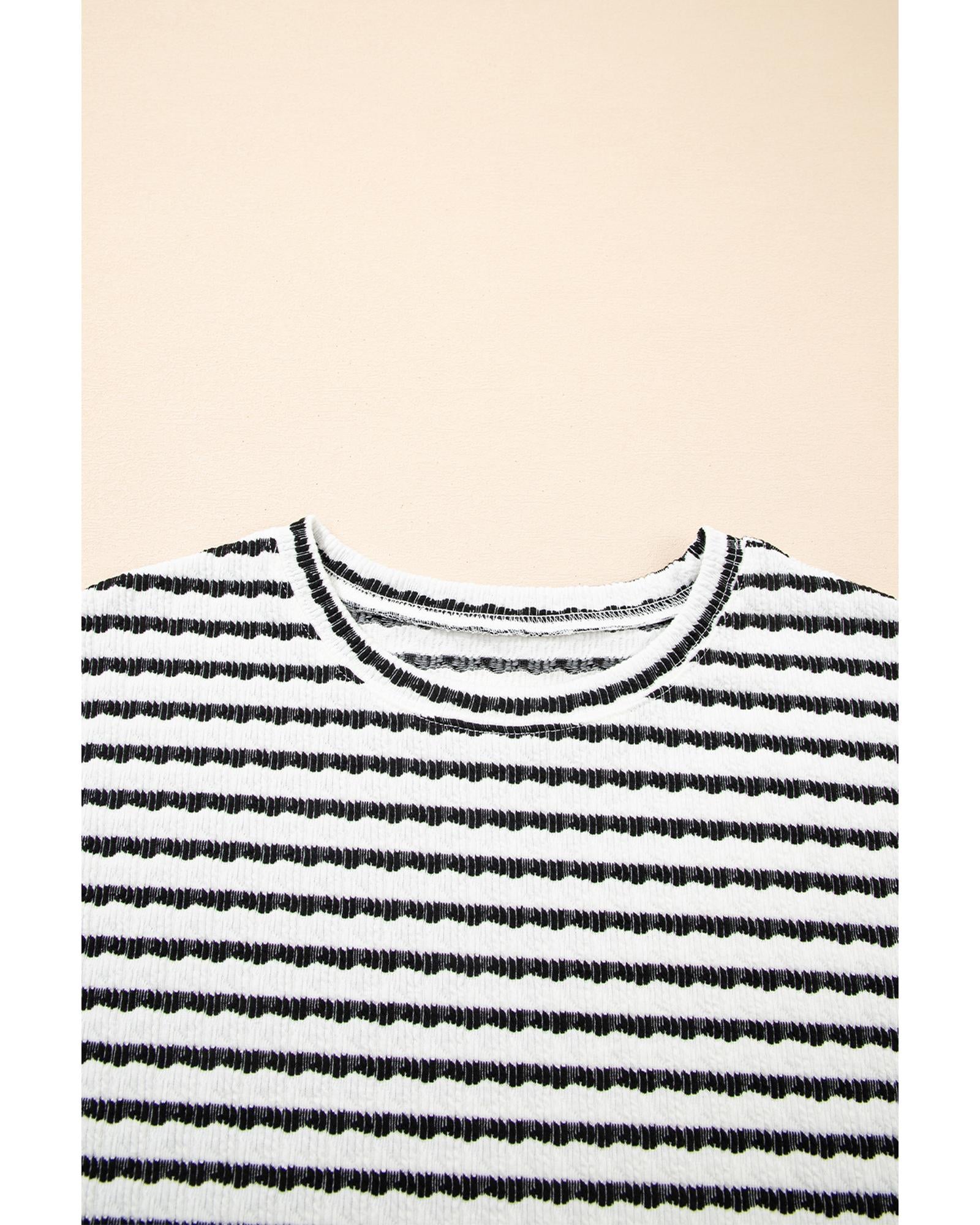 Black Stripe Knitted Short Sleeve Top and Drawstring Shorts Set - L 8