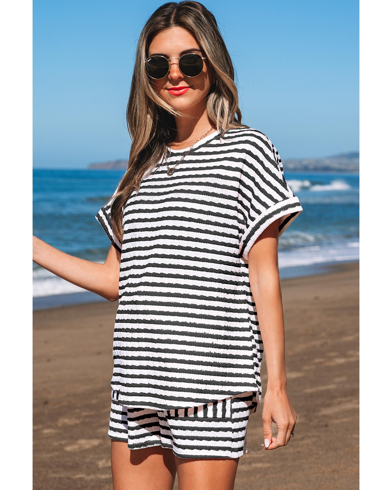 Black Stripe Knitted Short Sleeve Top and Drawstring Shorts Set - S 3