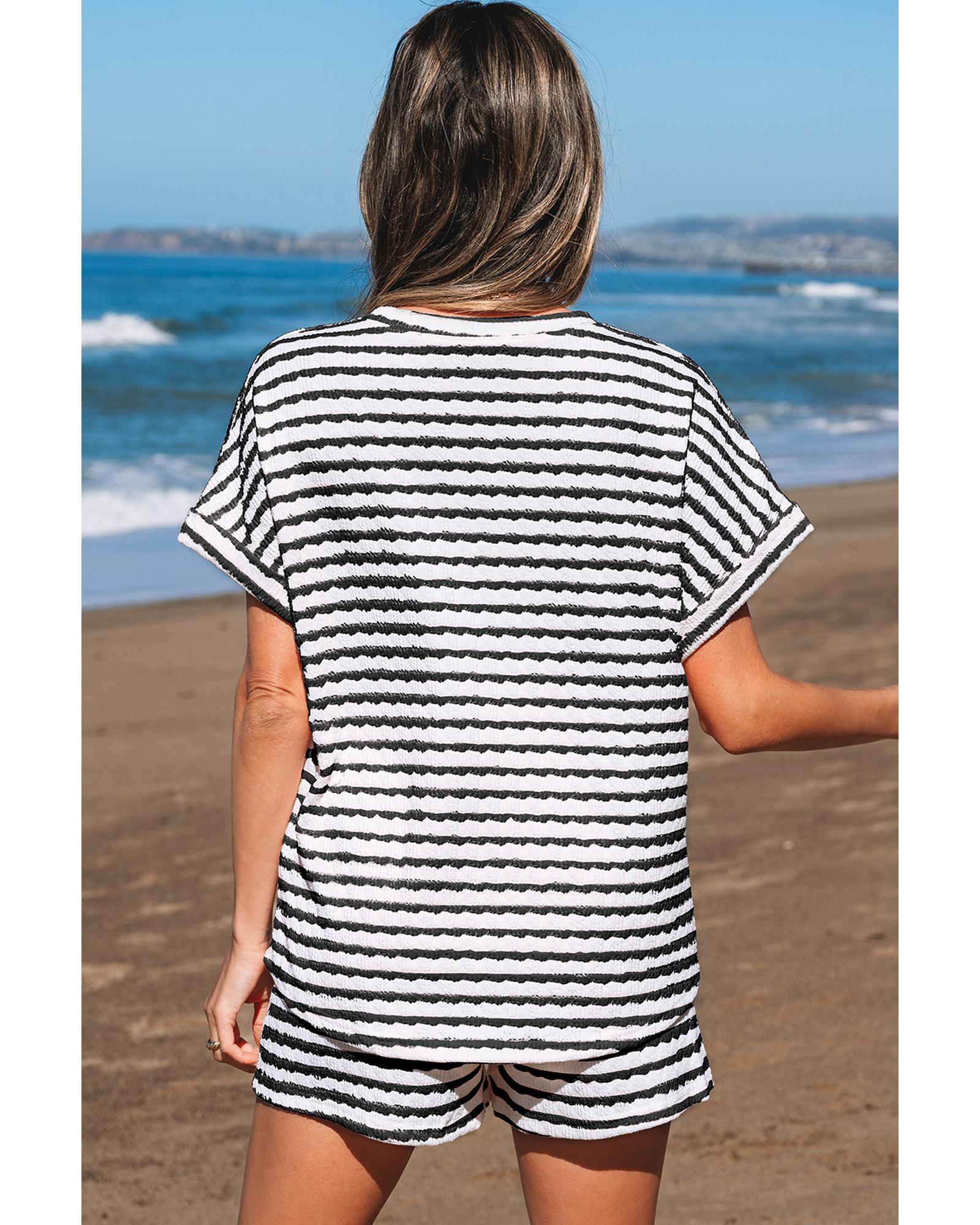 Black Stripe Knitted Short Sleeve Top and Drawstring Shorts Set - XL