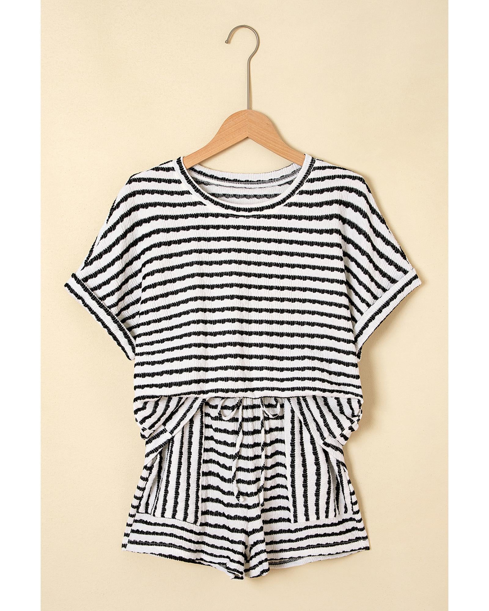 Black Stripe Knitted Short Sleeve Top and Drawstring Shorts Set - XL 6
