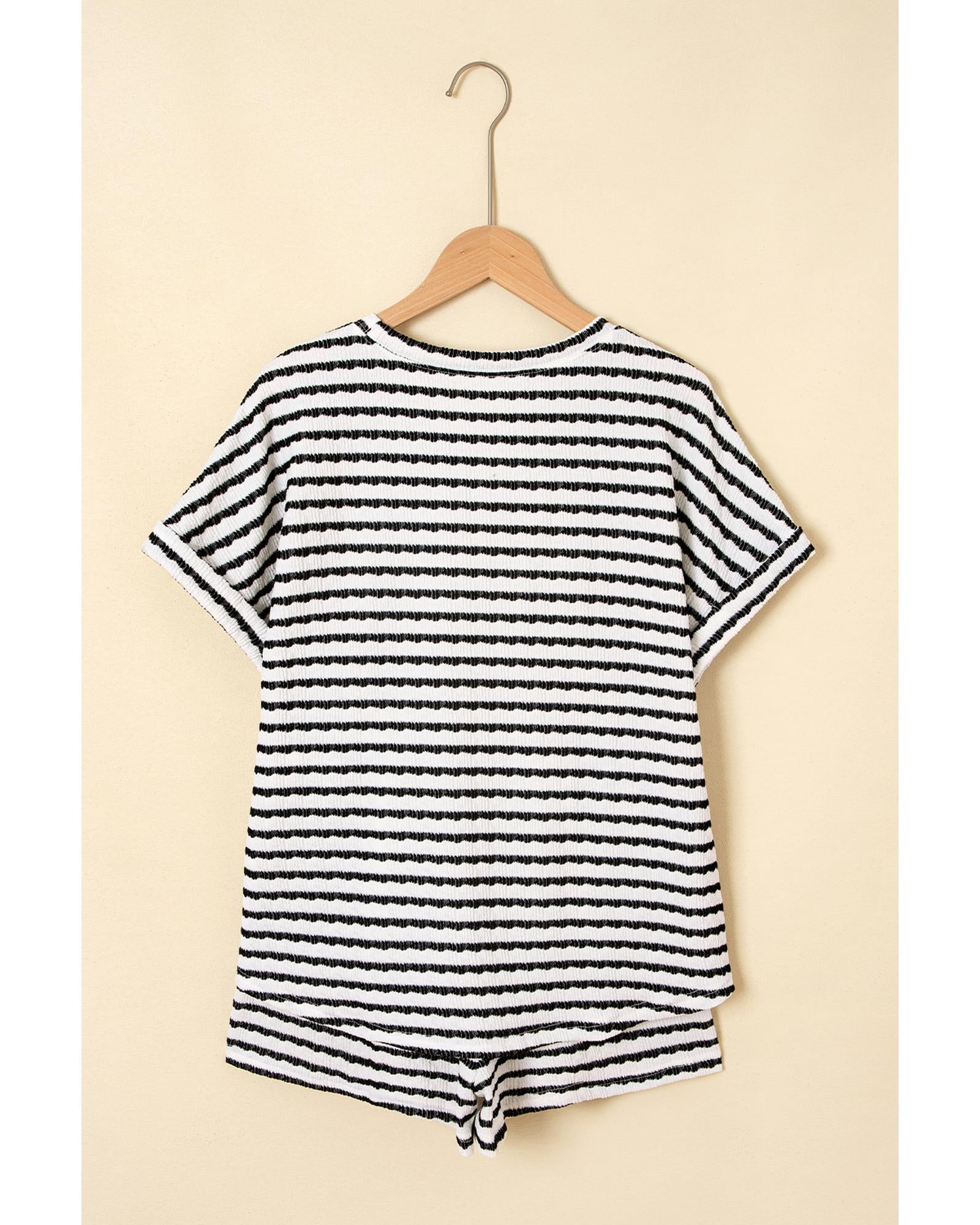 Black Stripe Knitted Short Sleeve Top and Drawstring Shorts Set - XL 7