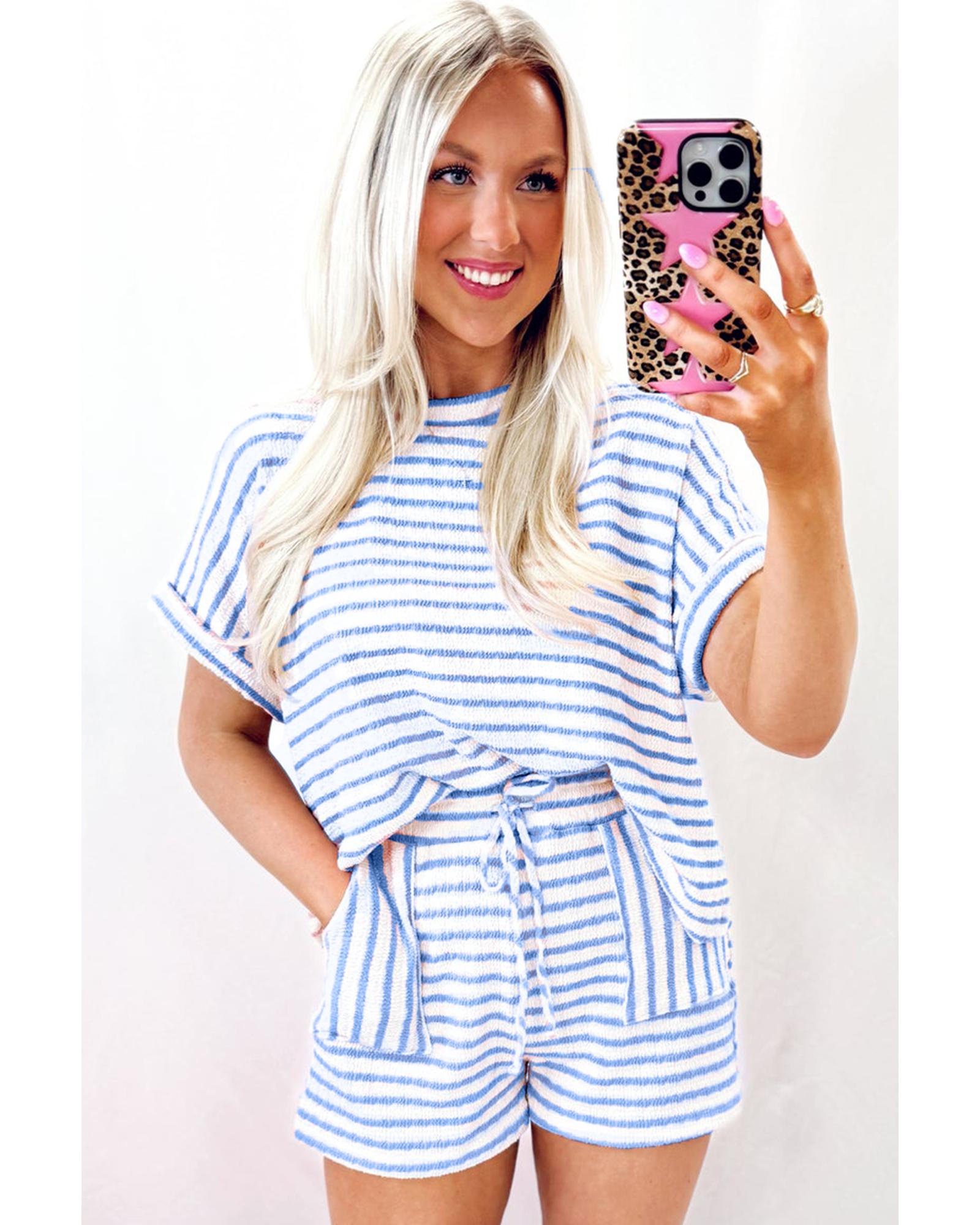 Sky Blue Stripe Knitted Short Sleeve Top and Drawstring Shorts Set - L 4