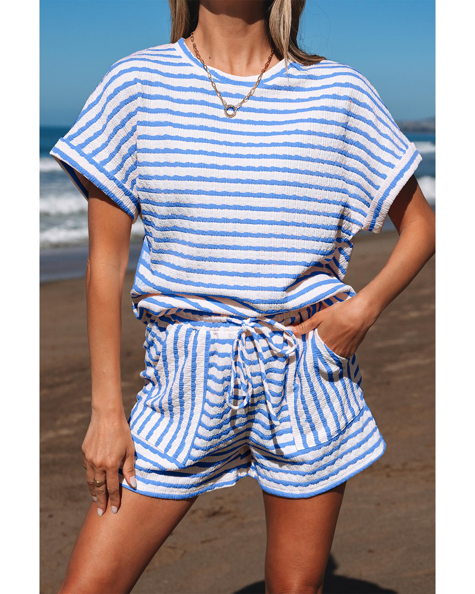 Sky Blue Stripe Knitted Short Sleeve Top and Drawstring Shorts Set - L 5