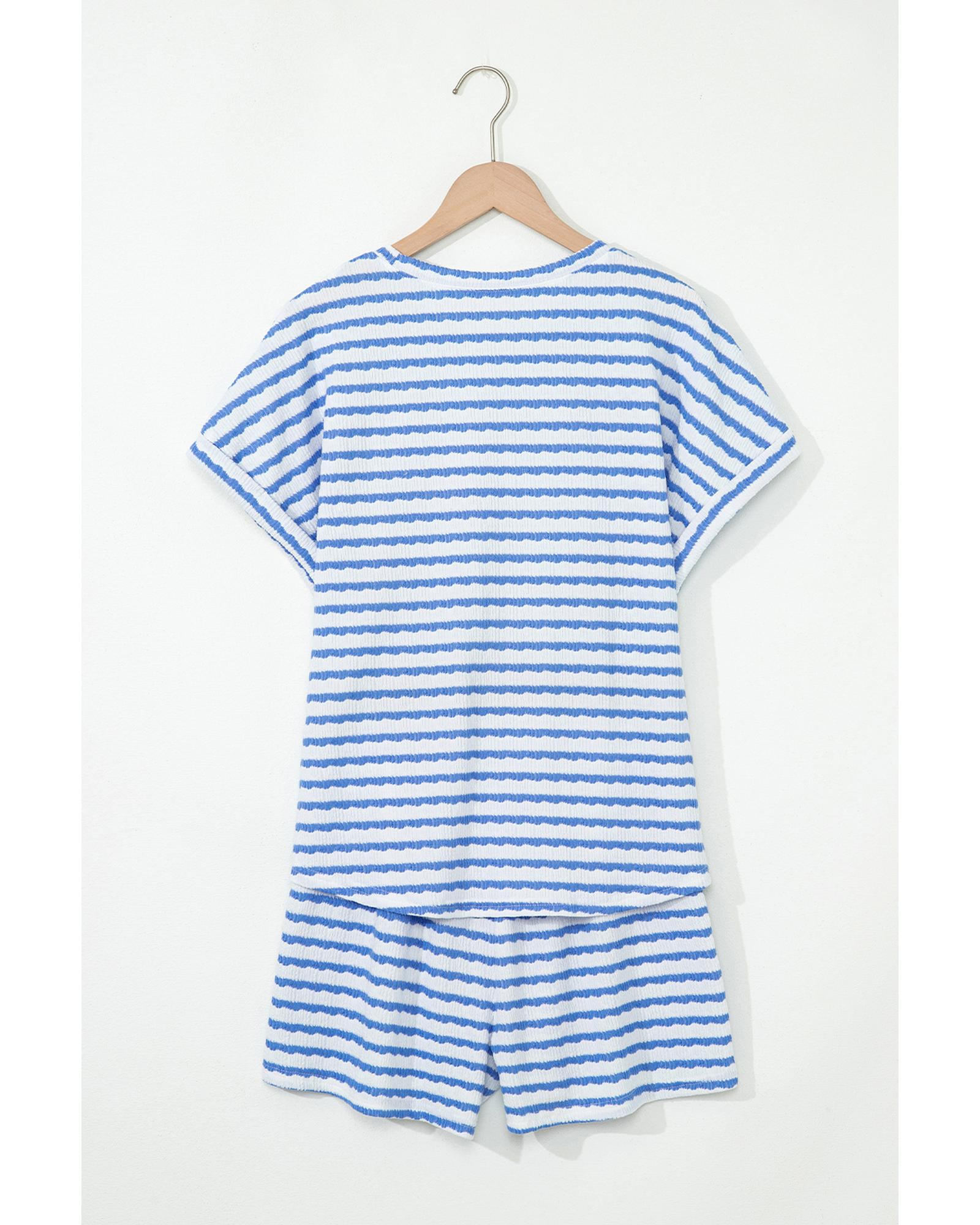 Sky Blue Stripe Knitted Short Sleeve Top and Drawstring Shorts Set - L 7