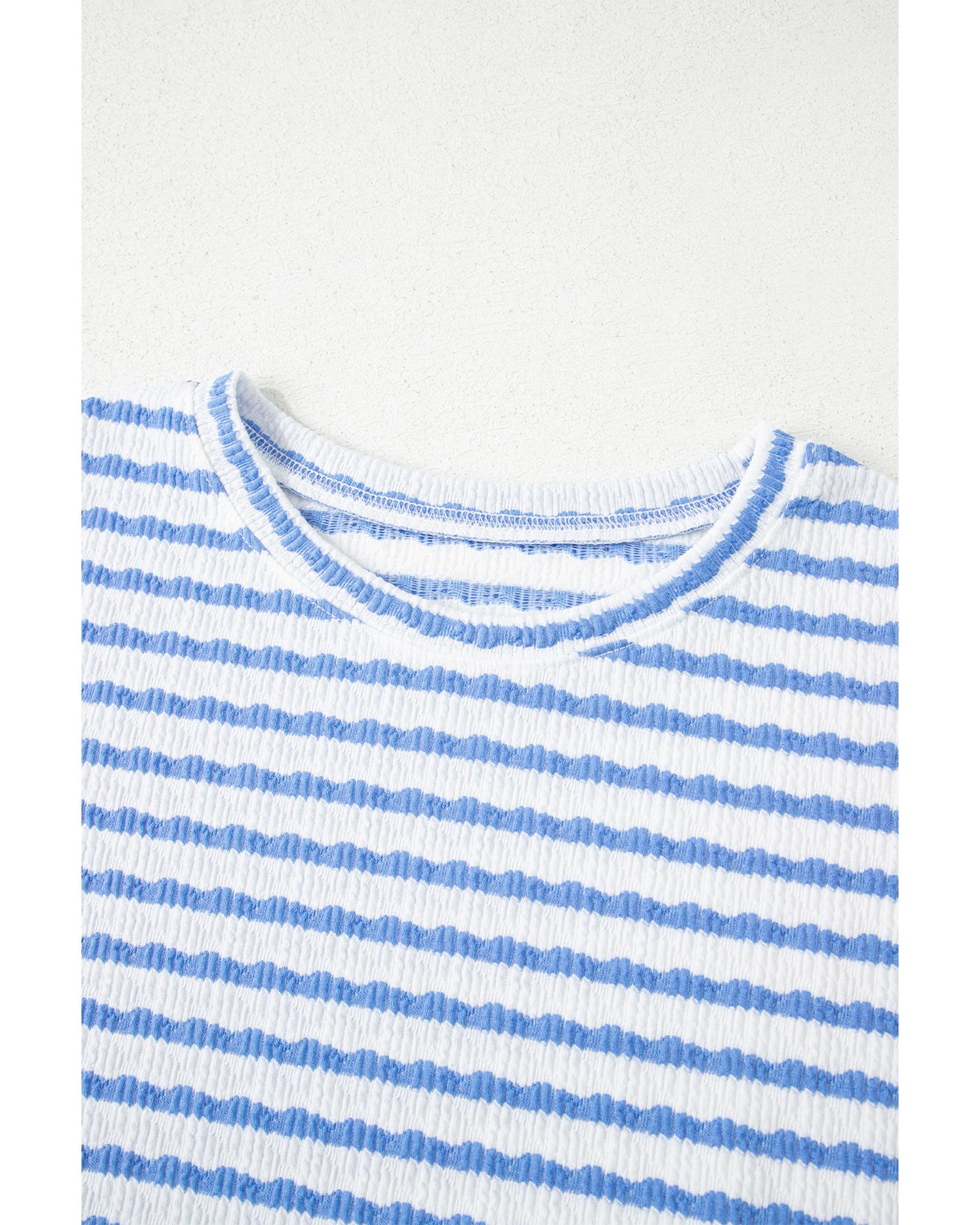 Sky Blue Stripe Knitted Short Sleeve Top and Drawstring Shorts Set - L 8