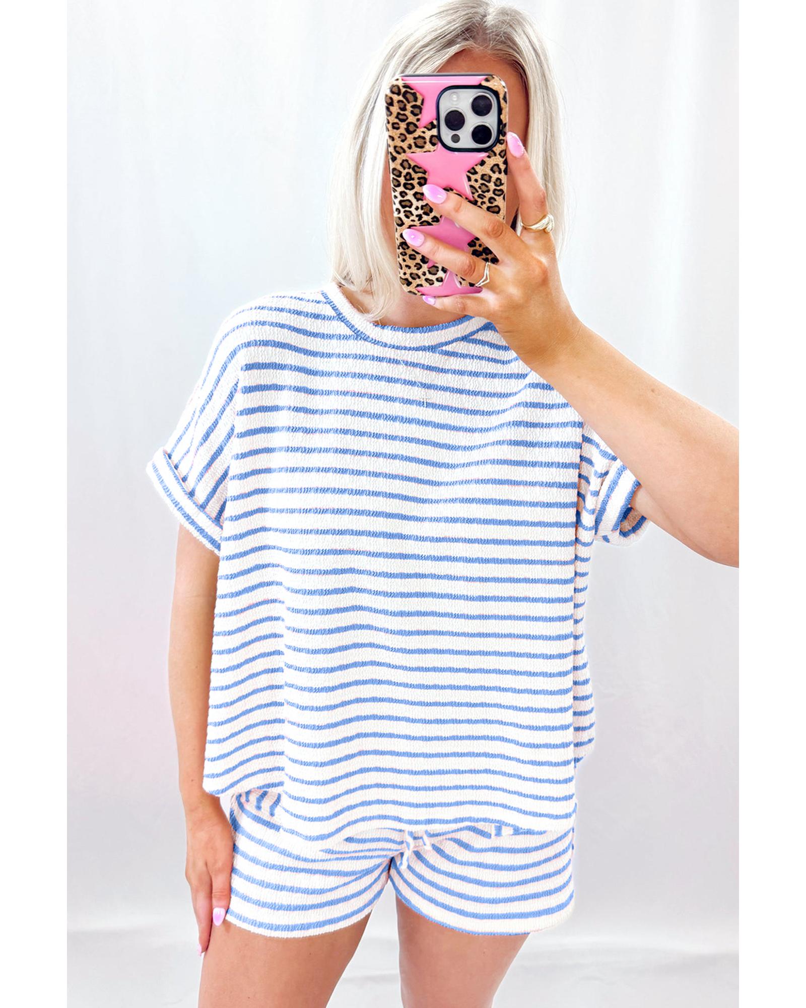 Sky Blue Stripe Knitted Short Sleeve Top and Drawstring Shorts Set - M 3