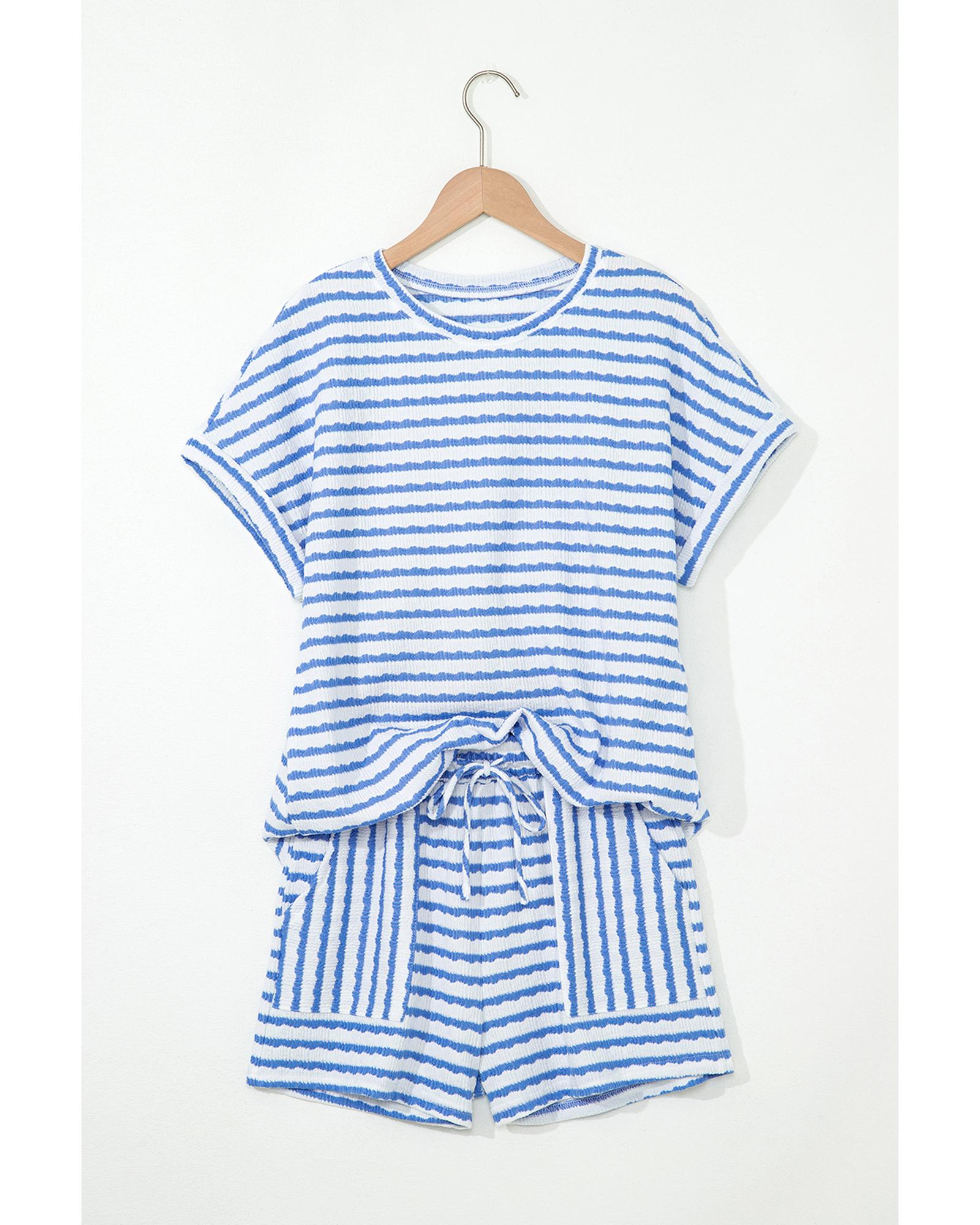 Sky Blue Stripe Knitted Short Sleeve Top and Drawstring Shorts Set - M 6