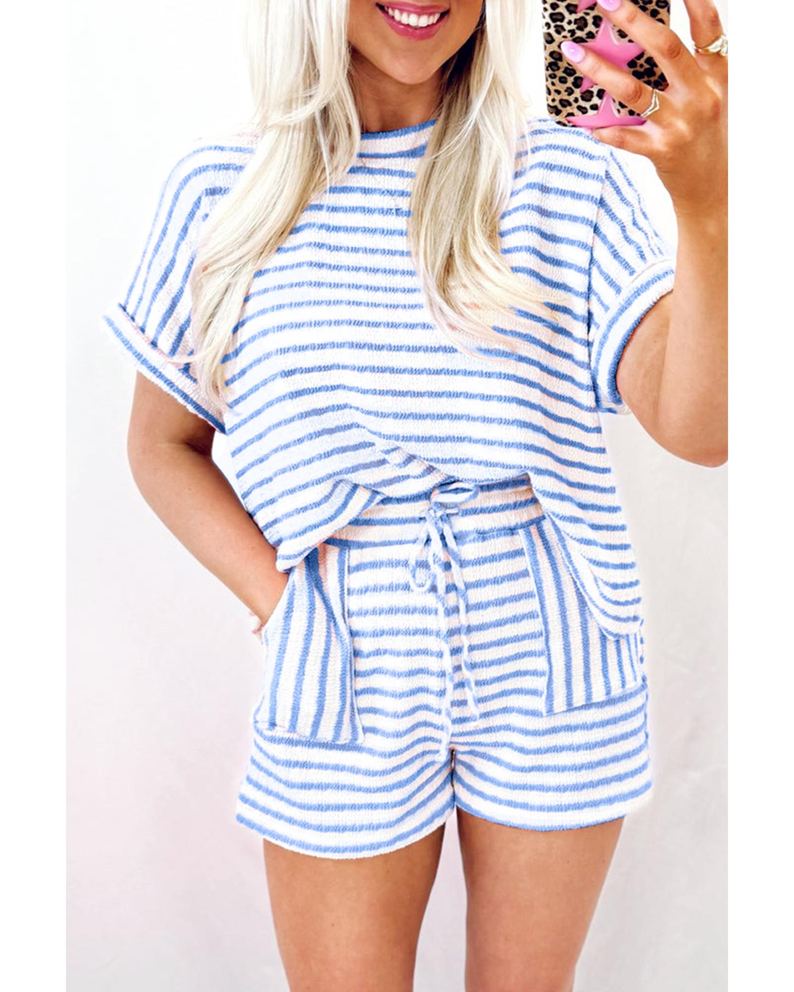 Sky Blue Stripe Knitted Short Sleeve Top and Drawstring Shorts Set - S